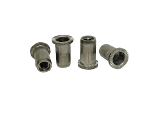 Flanged knurled-body rivet nuts shown in several orientations