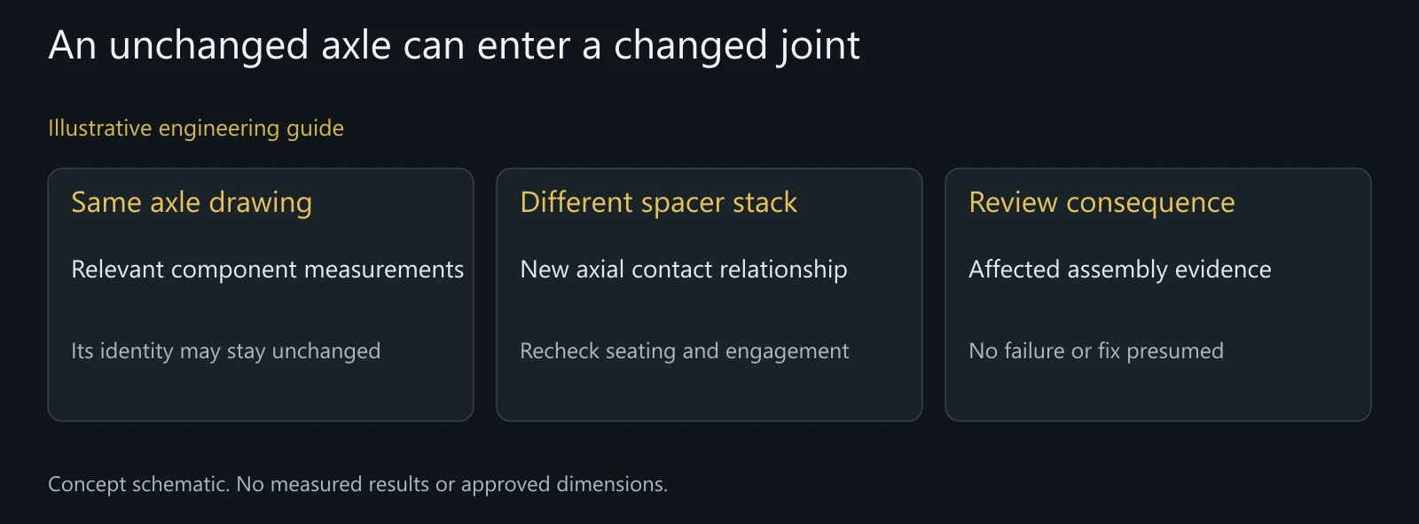 Illustrative interface-change reasoning without dimensions, torque values, real failures or approved assembly results.