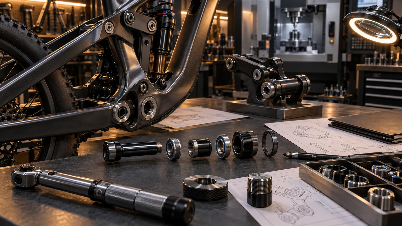 Concept suspension pivot assembly beside exploded hardware, thread gauges and an unused torque wrench, not a compliant bicycle or completed US safety test.