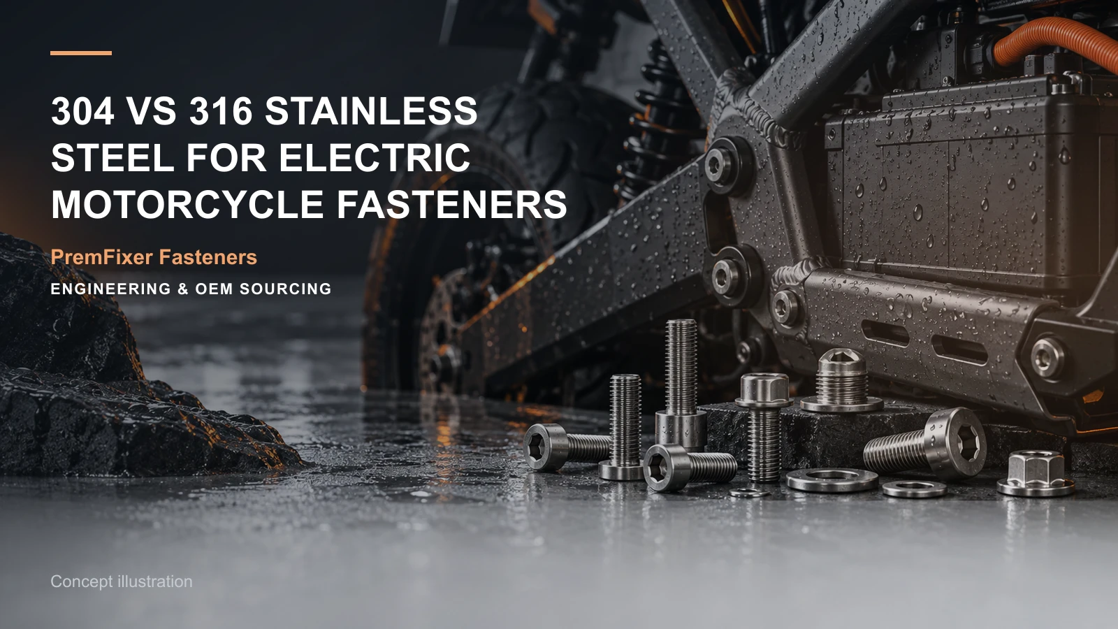 Concept illustration for 304 vs 316 Stainless Steel for Electric Motorcycle Fasteners.