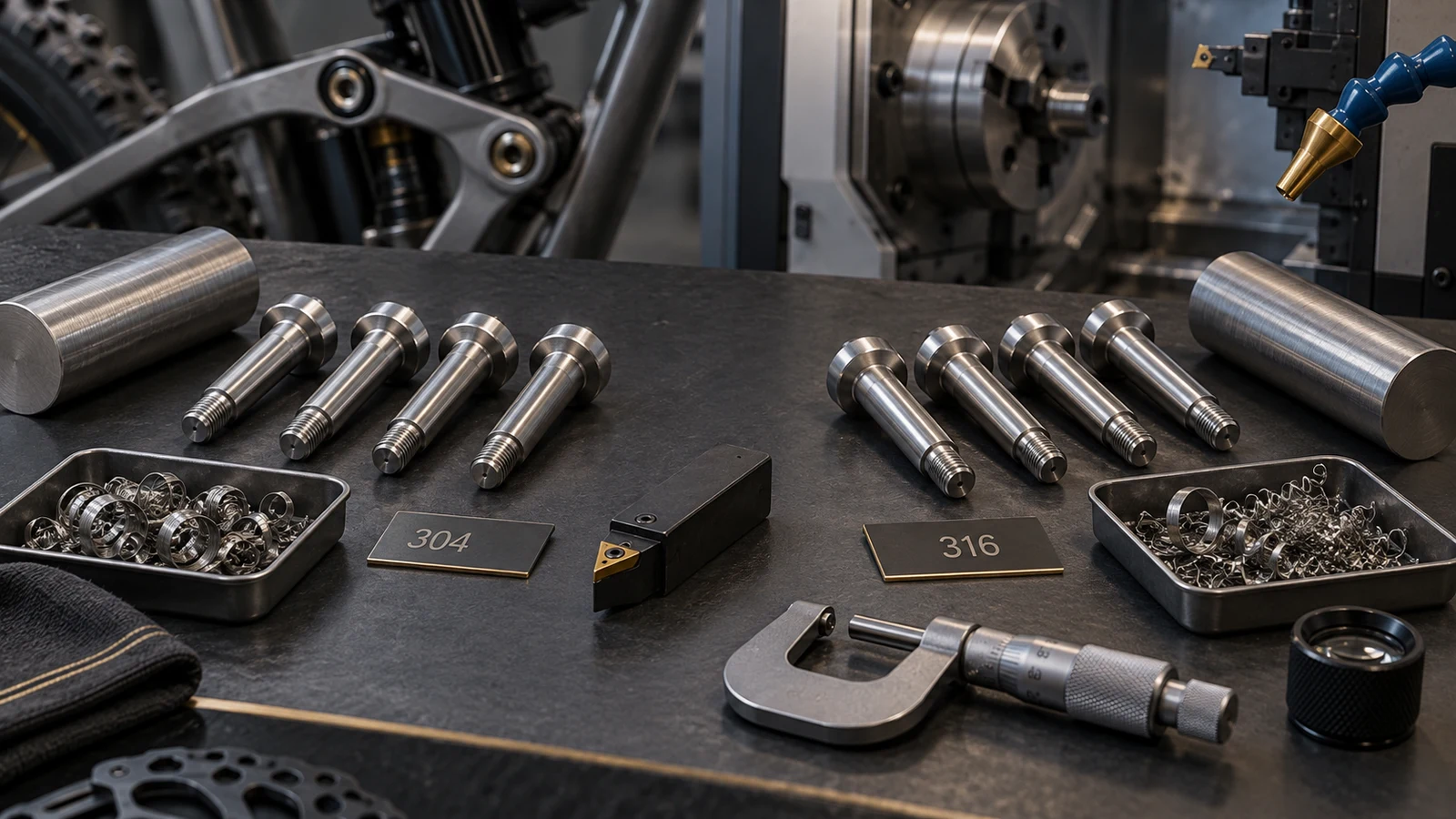 Concept stainless pivot axles and stock samples beside a turning tool, chip trays, coolant nozzle and measuring references, not a real machining trial