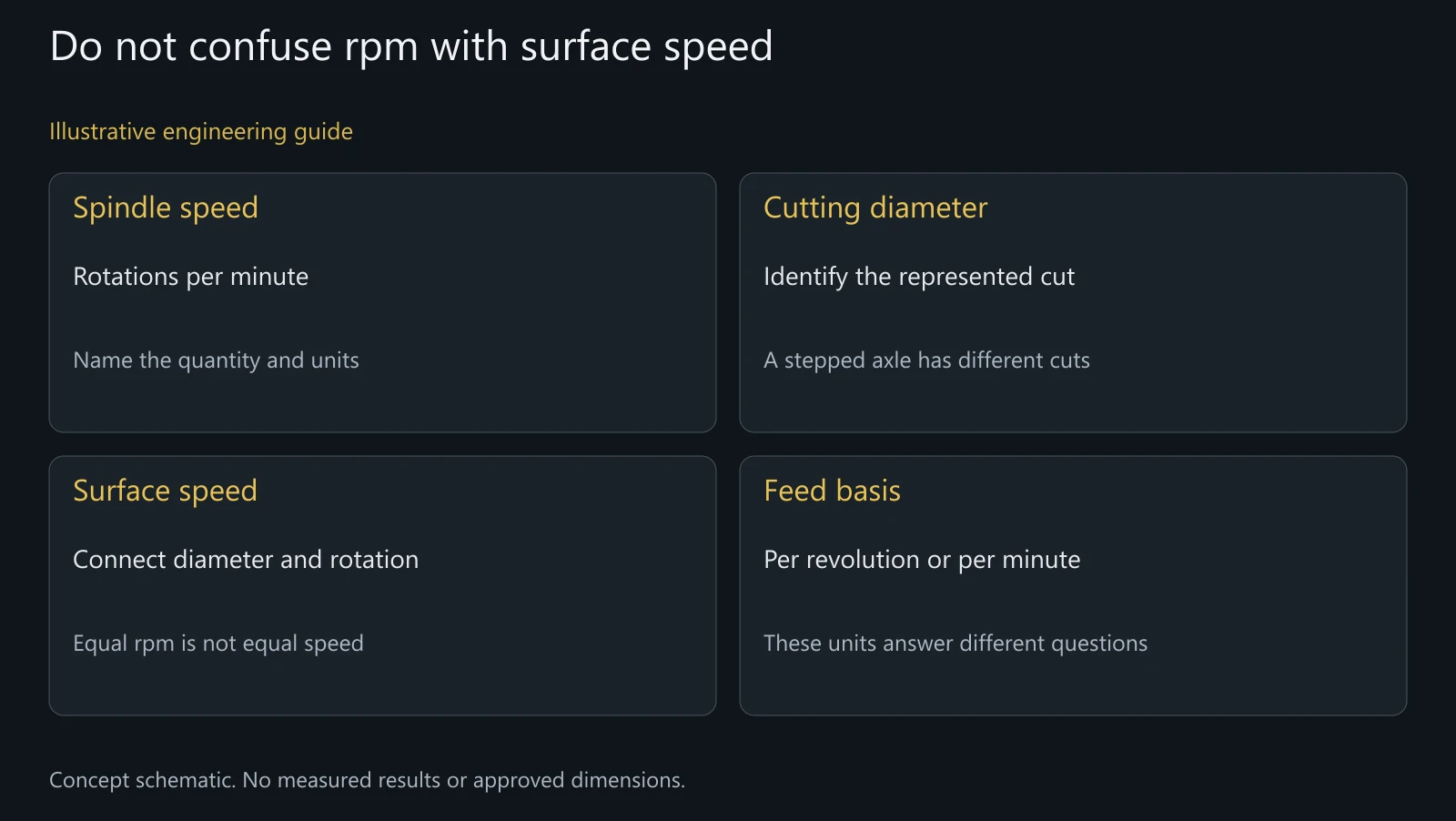 Concept machining-variable guide. No recommended speeds, machine limits or production program are represented.