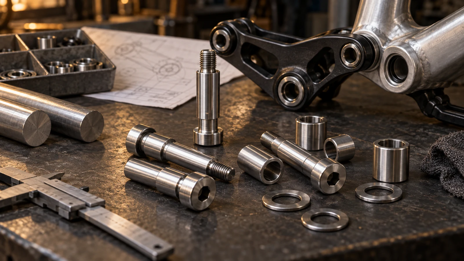 Concept illustration of turned stainless shoulder bolts, sleeves and washers beside bar blanks and a suspension pivot interface.