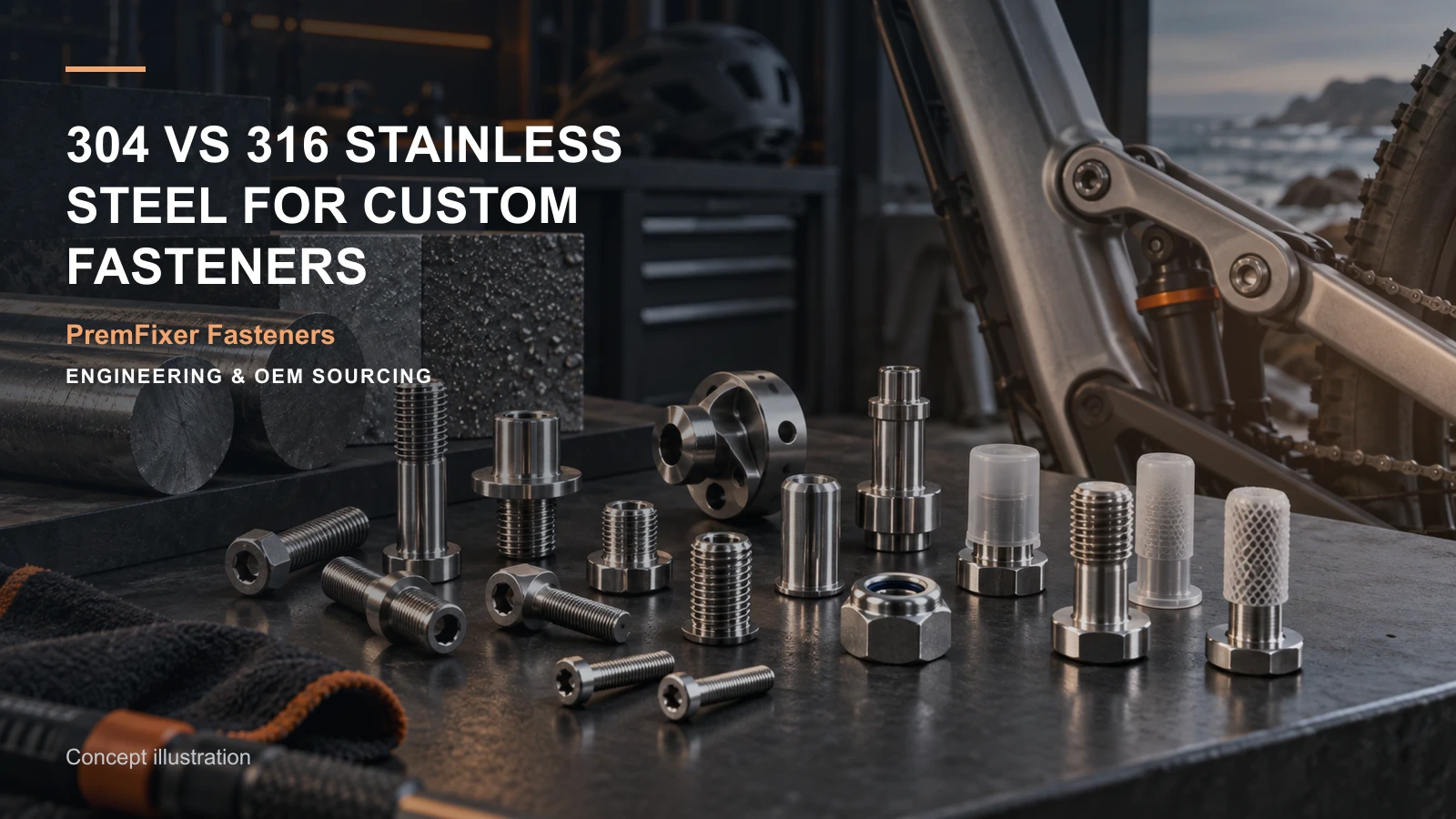 Editorial concept for 304 versus 316 stainless fasteners with cards for corrosion-selection factors, material selection record, corrosion-test interpretation table.