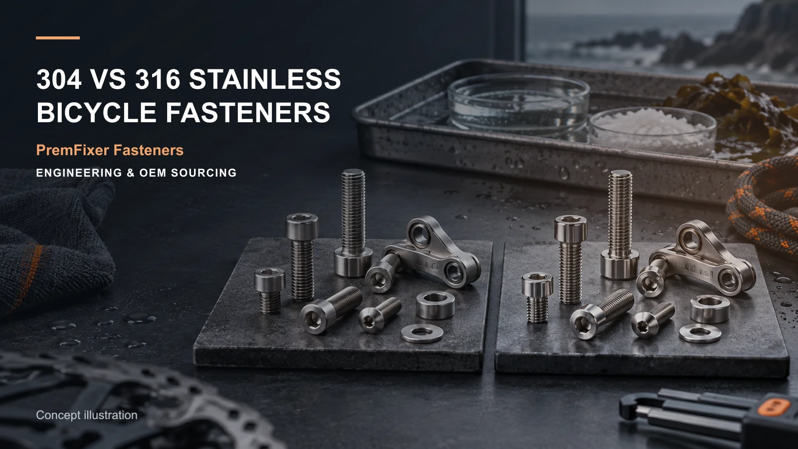 304 and 316 stainless bicycle fasteners compared beside wet-weather exposure and machining samples.