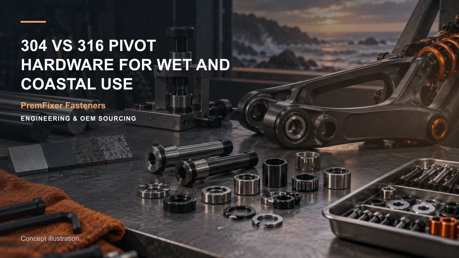 Concept illustration for 304 vs 316 Pivot Hardware for Wet and Coastal Use.