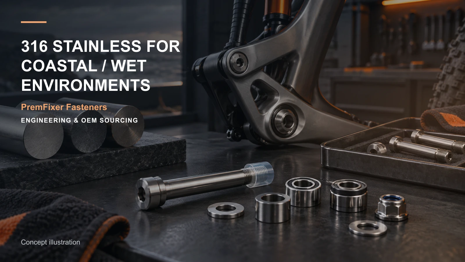 Editorial concept for 316 stainless pivots in wet conditions with cards for corrosion-selection factors, material selection record, finish selection table.