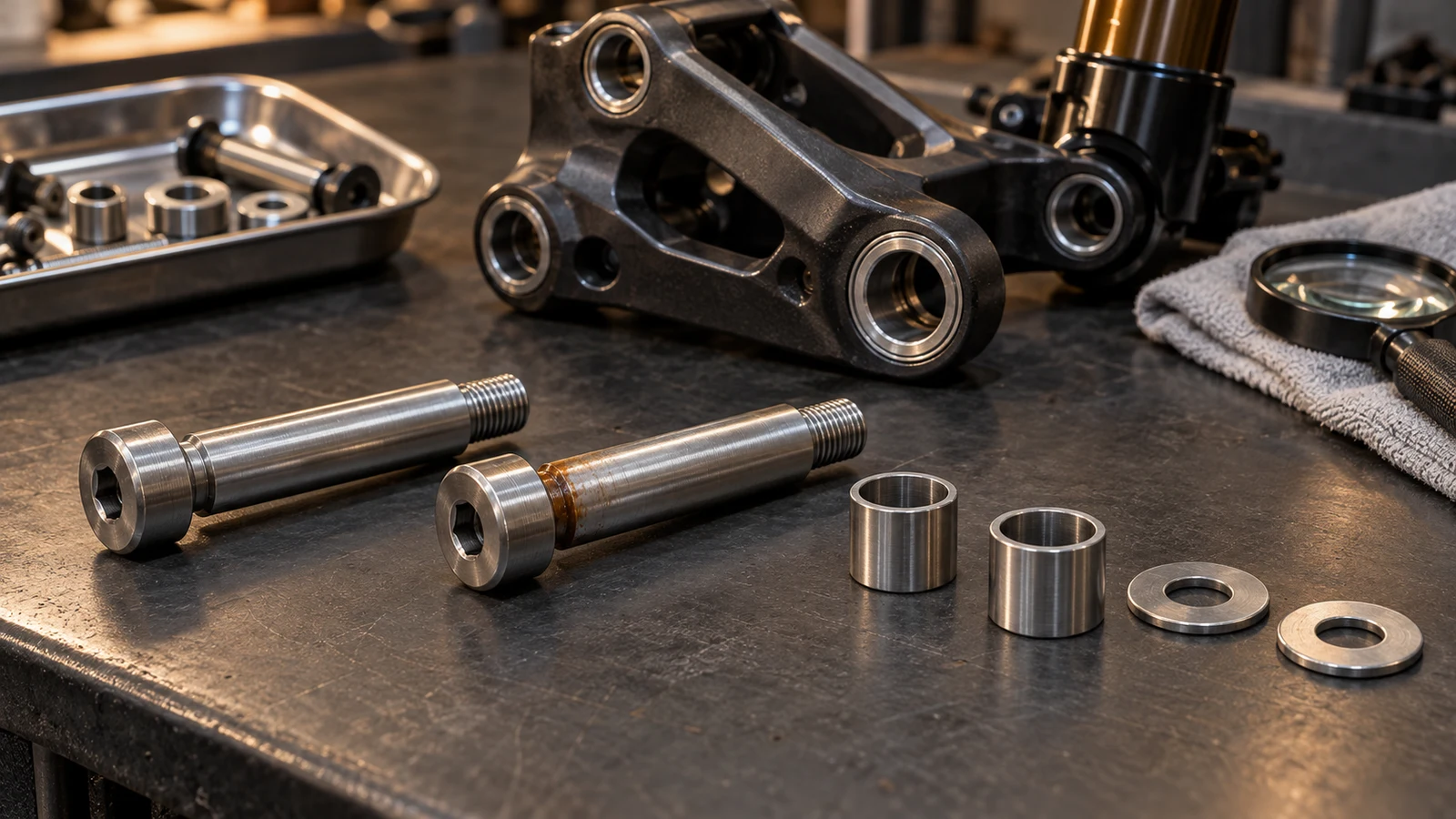 Concept illustration of clean and surface-stained shoulder bolts, loose sleeves and washers beside a suspension rocker.
