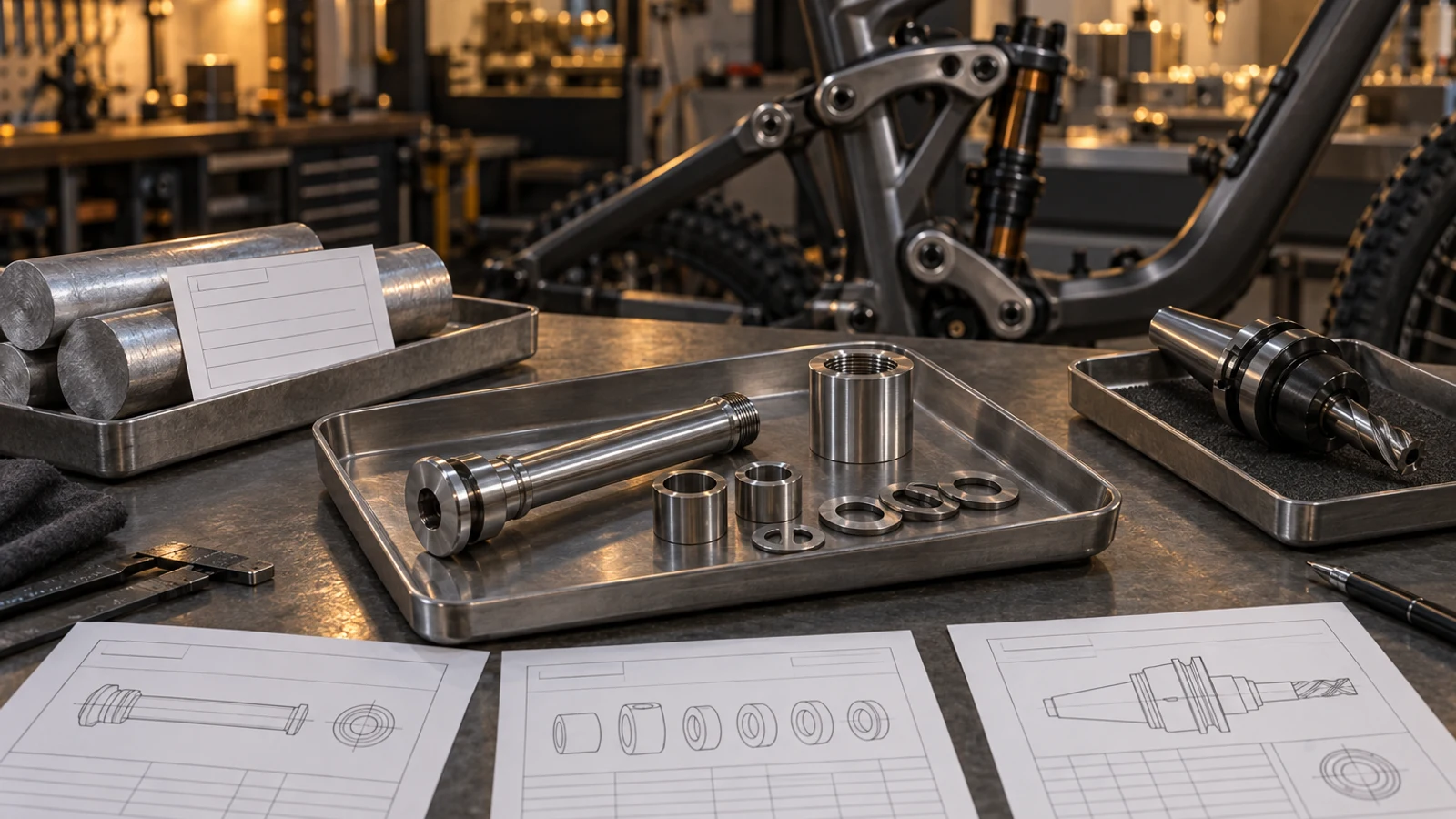 Concept separated pivot components, material stock, machining tool holder and neutral supplier review sheets; not an audited supply chain or completed minerals declaration.