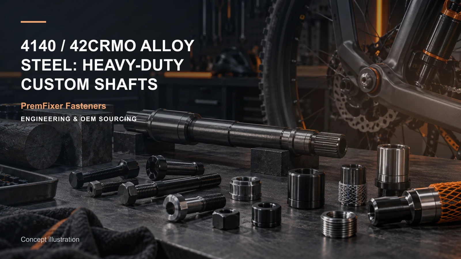 Editorial concept for 4140 and 42CrMo custom shafts with cards for alloy substitution comparison, heat-treatment requirement map, shaft feature map.