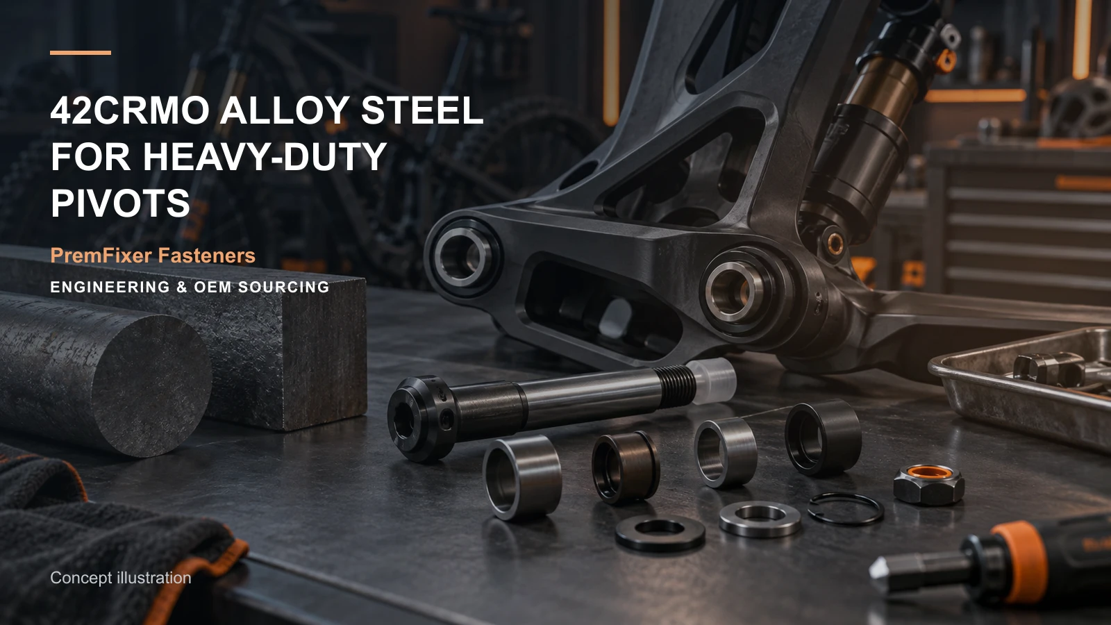 Editorial concept for 42CrMo heavy-duty pivot shafts with cards for alloy substitution comparison, heat-treatment requirement map, heavy-duty development brief.