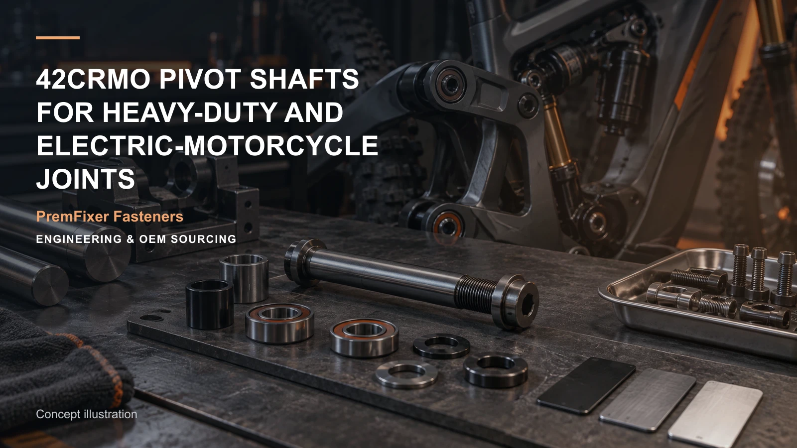 Concept illustration for 42CrMo Pivot Shafts for Heavy-Duty and Electric-Motorcycle Joints.