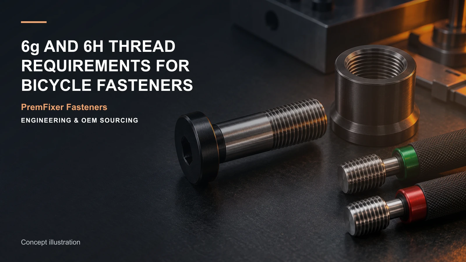 Precision external bicycle fastener thread, internal receiver and GO NO-GO gauges arranged for inspection.