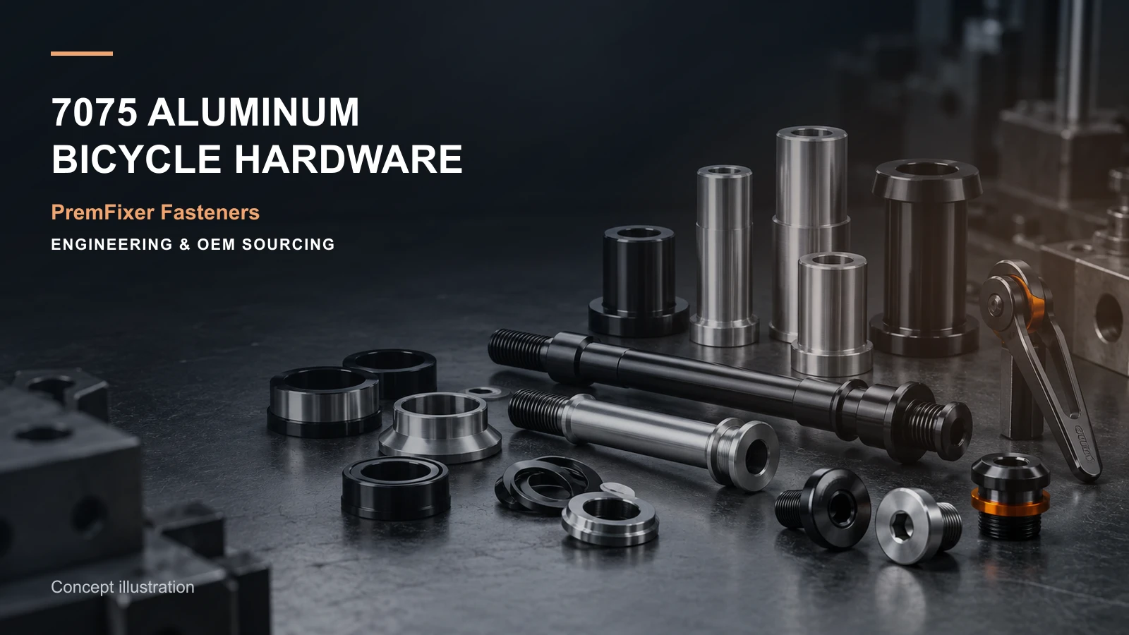 CNC-machined 7075 aluminum bicycle hardware with anodized samples, bearing interface and drawing review.