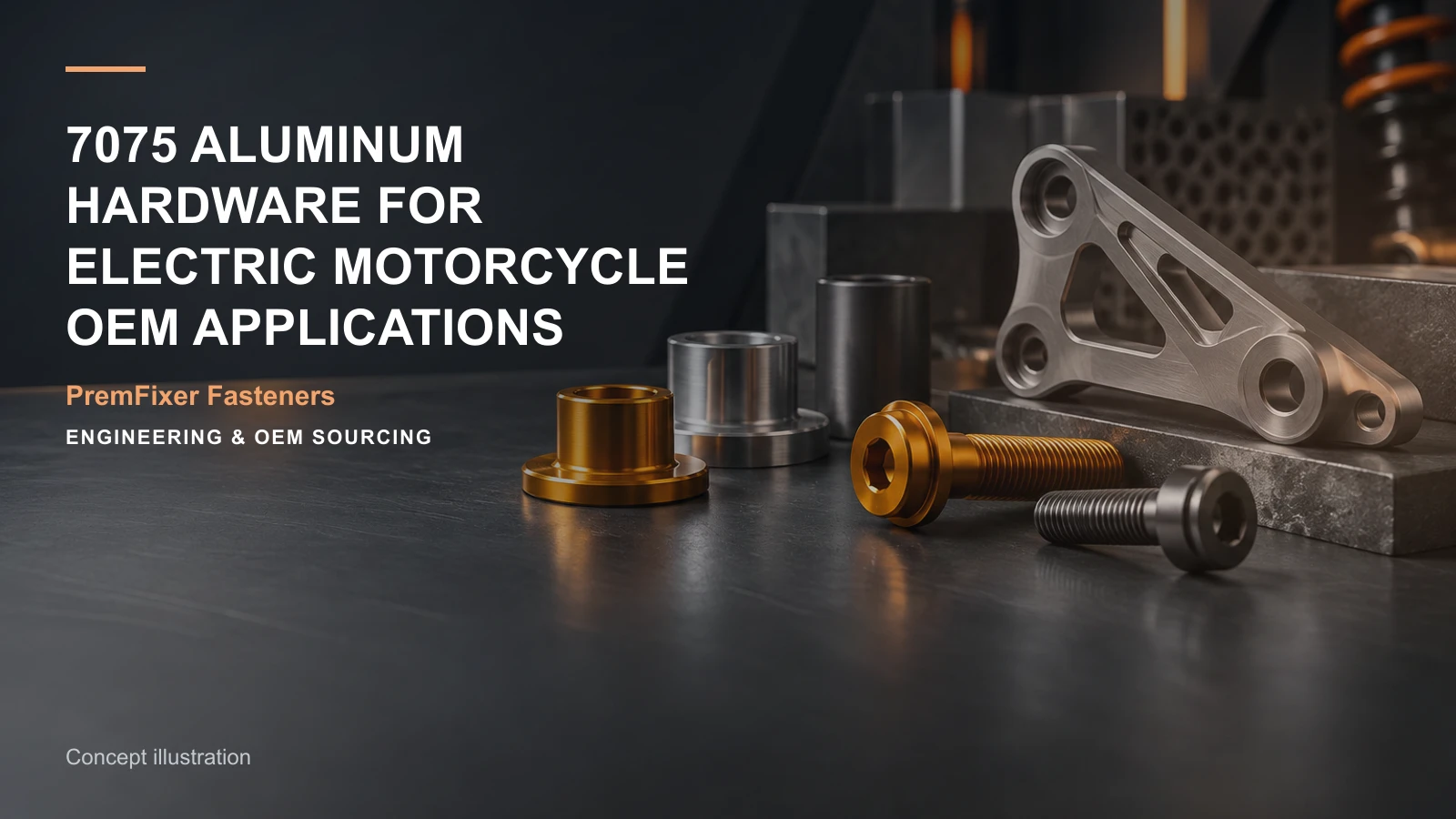 Concept illustration for 7075 Aluminum Hardware for Electric Motorcycle OEM Applications.