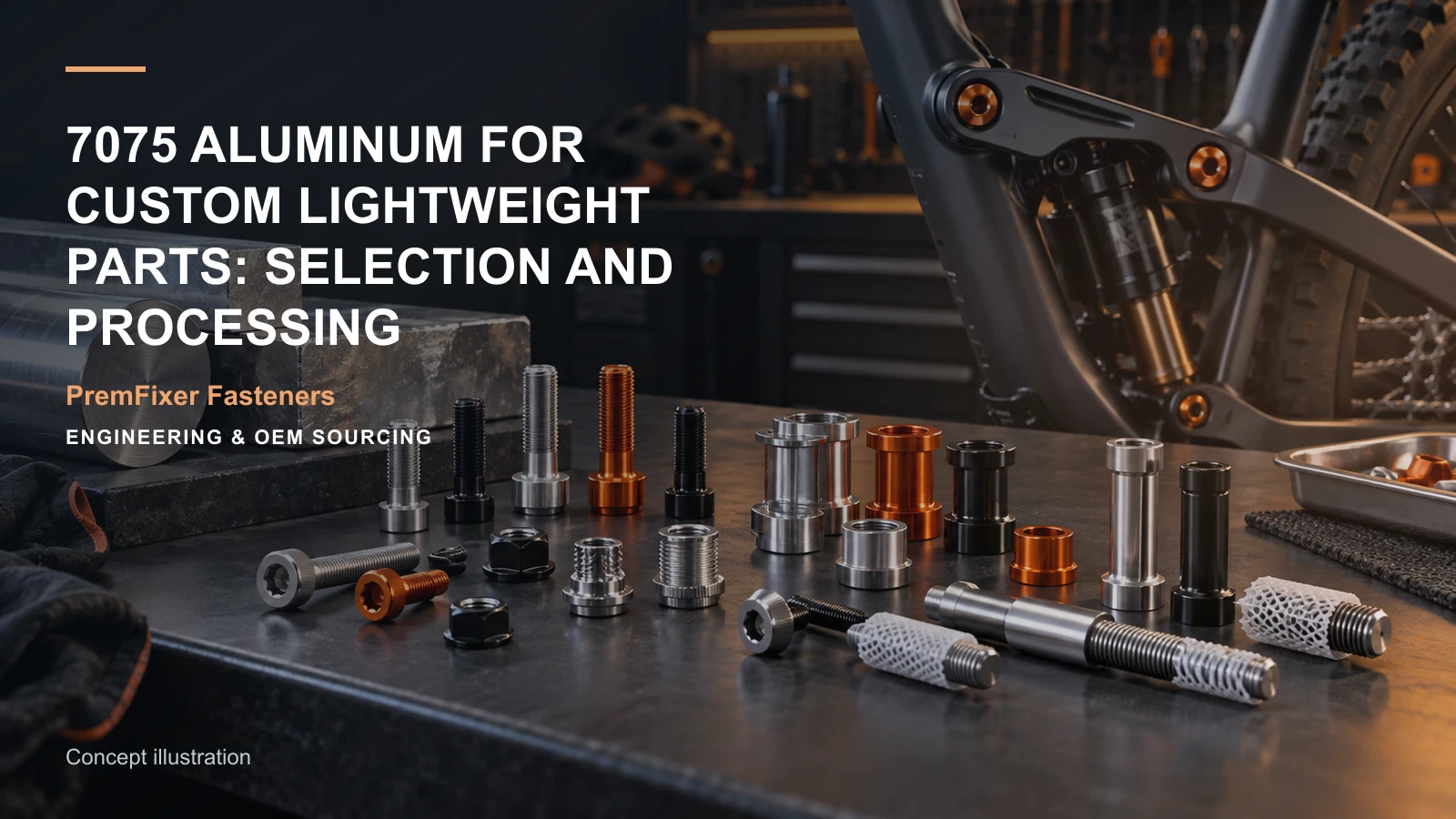 Editorial concept for 7075 aluminum lightweight parts with cards for aluminum application review, material selection record, lightweight design comparison.