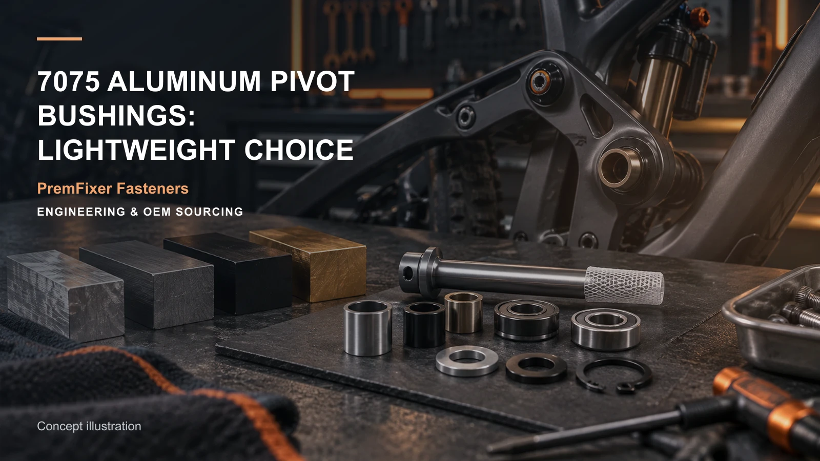 Editorial concept for 7075 aluminum pivot sleeves and spacers with cards for aluminum application review, sleeve-and-bushing role table, fit-selection worksheet.