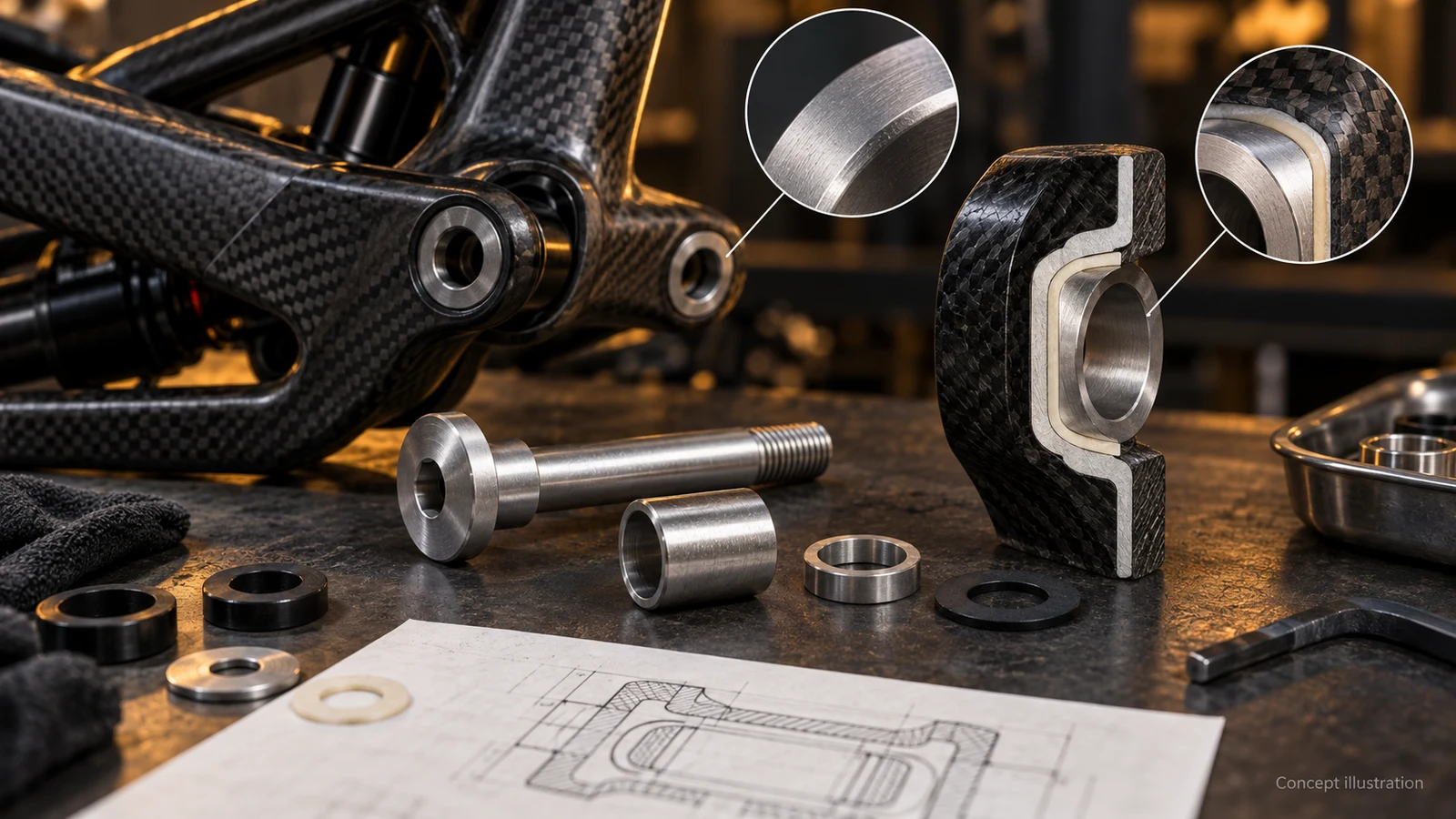 Concept rendering of carbon-frame pivot hardware, a sectioned metal insert and separated isolation components; not an approved design, factory photograph or corrosion test