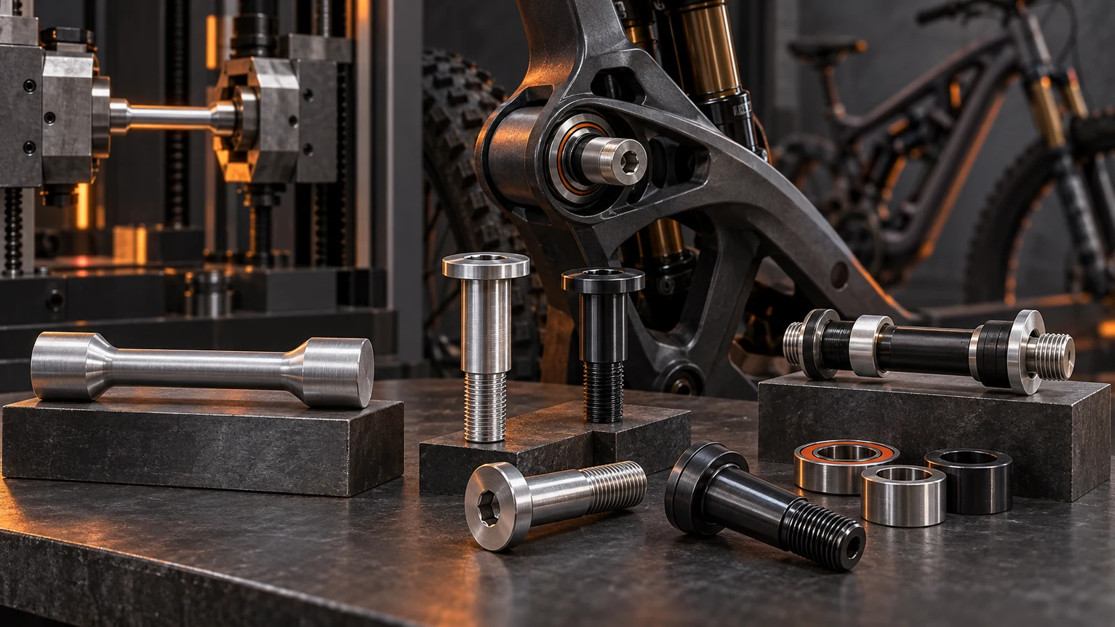 Concept illustration of a smooth test specimen, threaded aluminum pivot hardware, bearing spacers and a bicycle linkage beside an abstract testing fixture; not an actual fatigue test.
