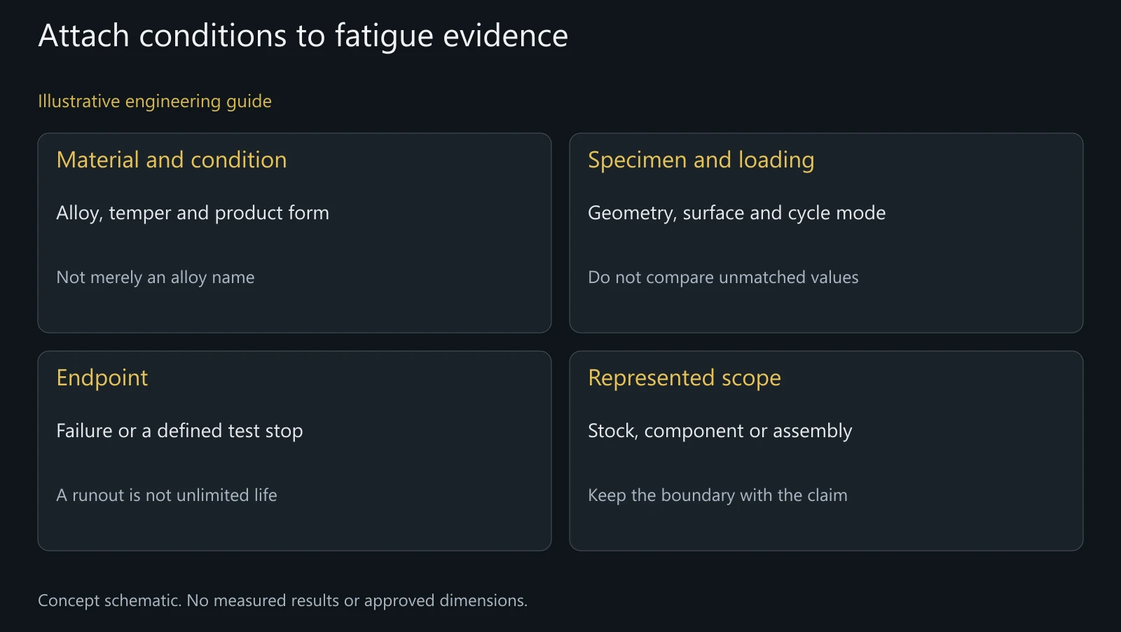 Concept guide to the fields needed to interpret fatigue evidence; no plotted curve or measured result is supplied.