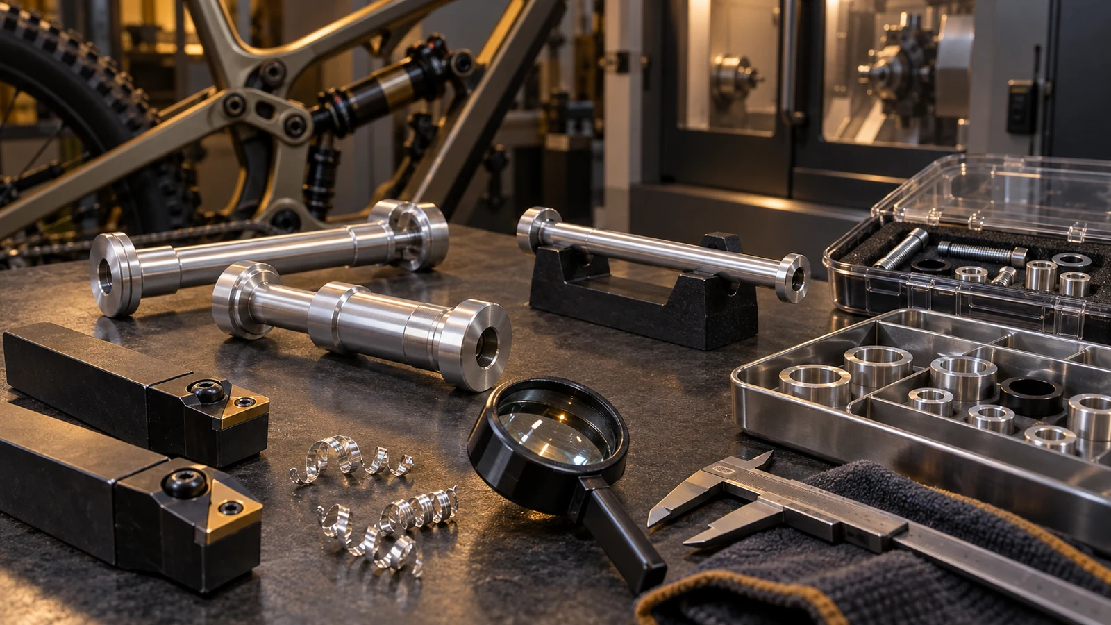 Concept aluminium pivot hardware, separate cutting tools and magnifying optic on a review bench, not a diagnosed built-up edge or measured surface