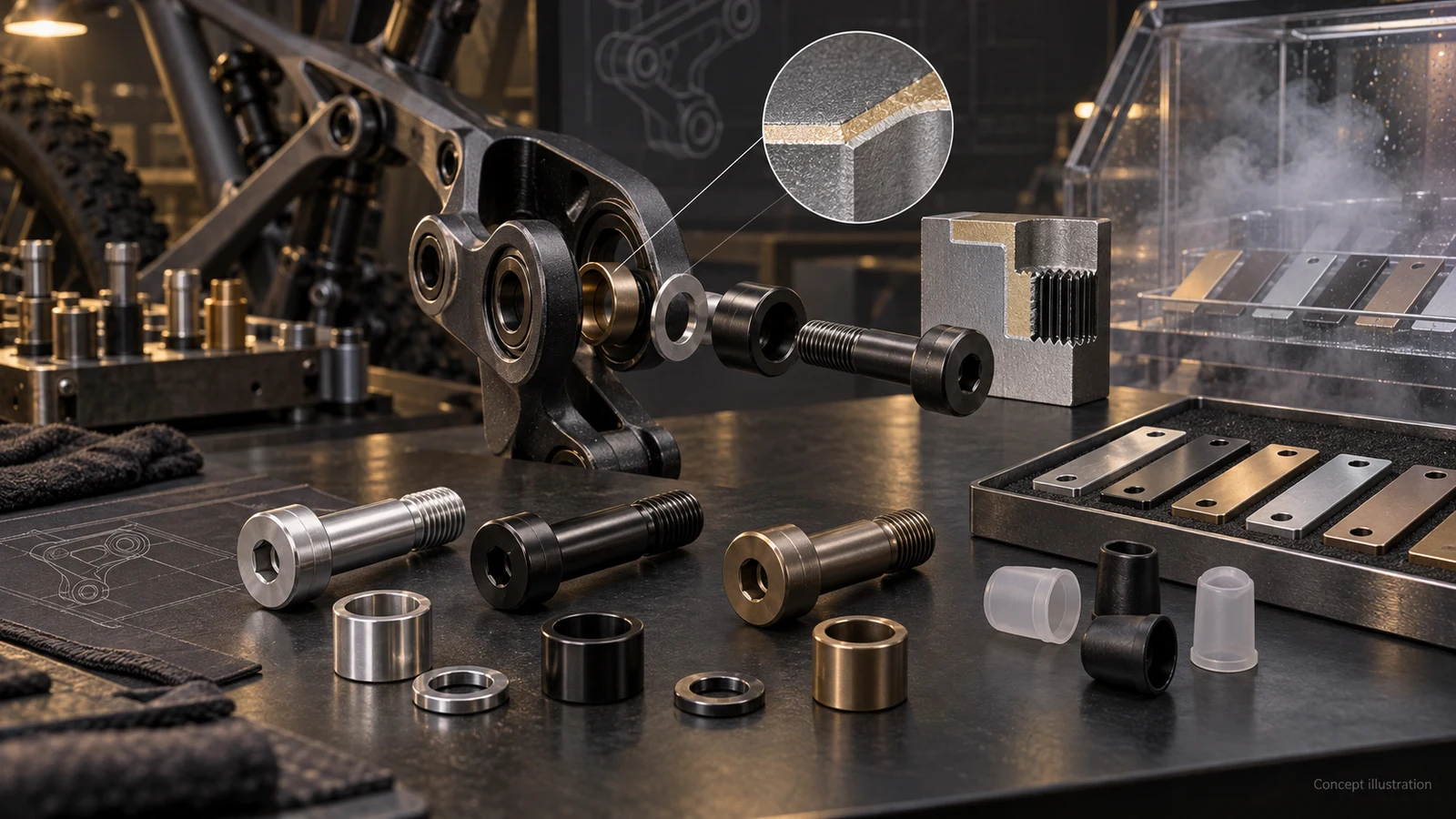 Concept illustration of finished aluminum pivots, an exploded bearing joint, masking accessories and a generic specimen enclosure; no actual corrosion test or result