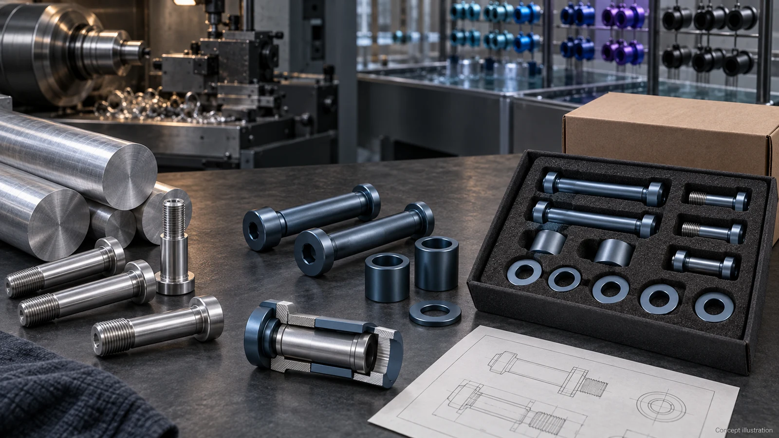 Concept manufacturing scene with raw stock, machined and colored aluminum pivot hardware and a matching kit tray; not an actual factory line, inspection result or released part design