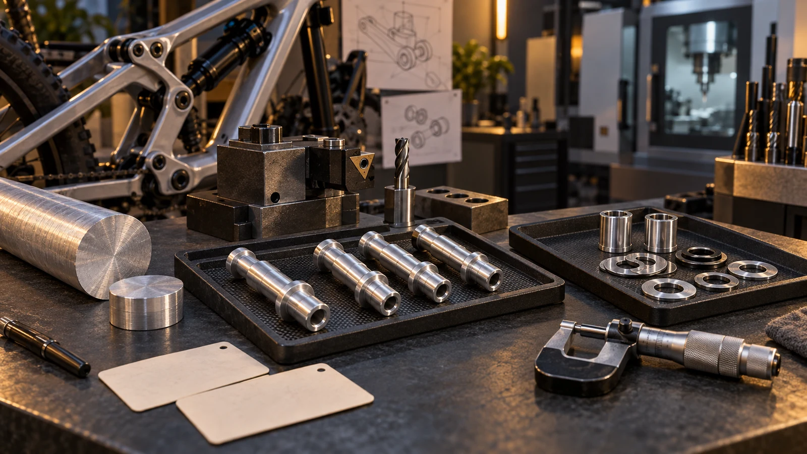 Concept aluminum pivot stock, separate cutting tools, machined reference tray and complete hardware set, not an actual high-speed operation or output record