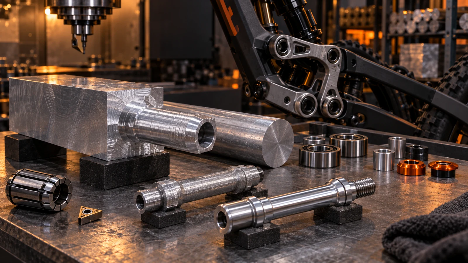 Concept illustration comparing rectangular and round aluminum starting stock, rough and finished pivot axles, collet and bicycle linkage; not a measured distortion study.