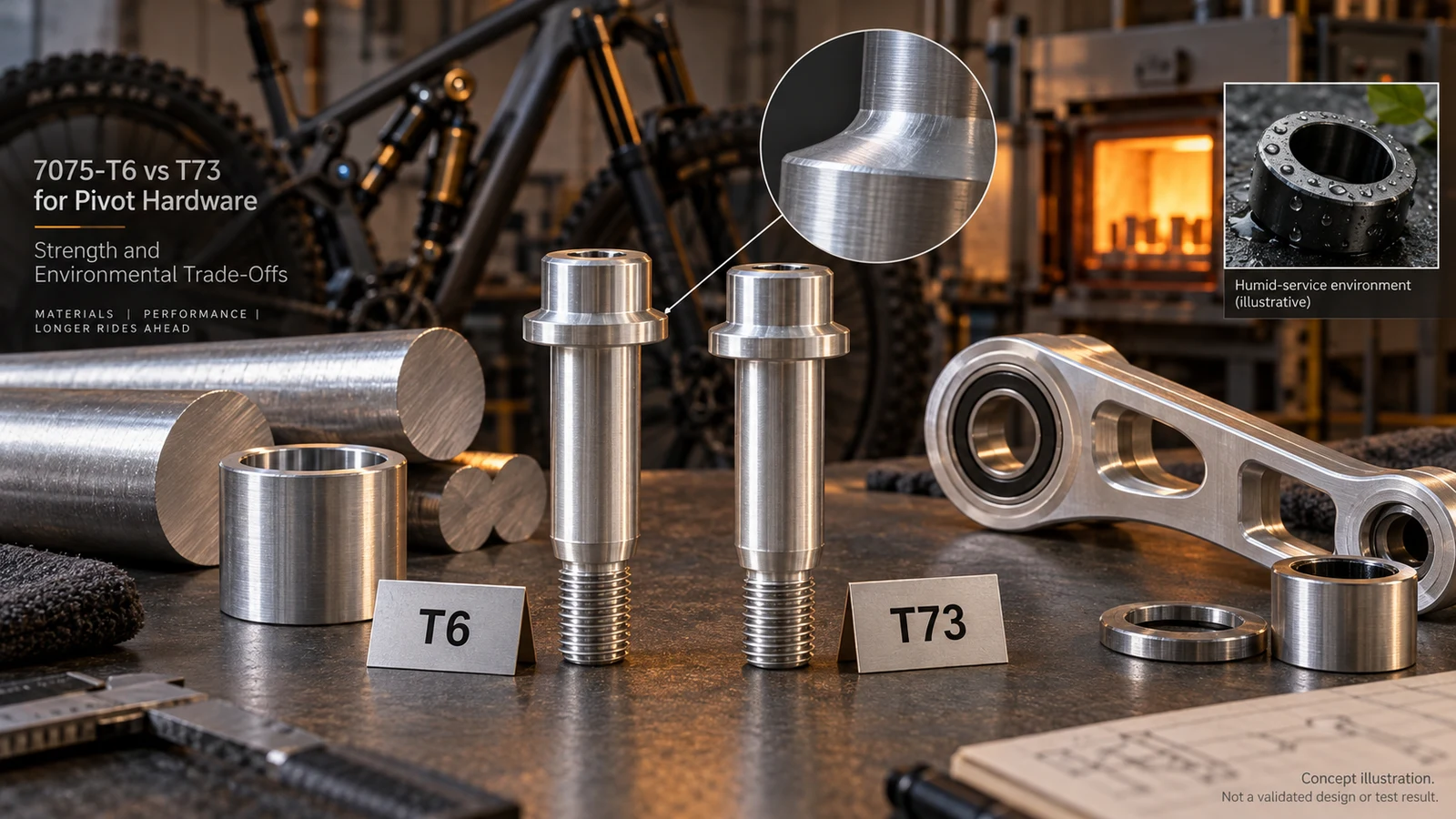 Concept illustration comparing labeled T6 and T73 stock proposals beside aluminum pivot hardware; not a material test, heat-treatment record or approved component