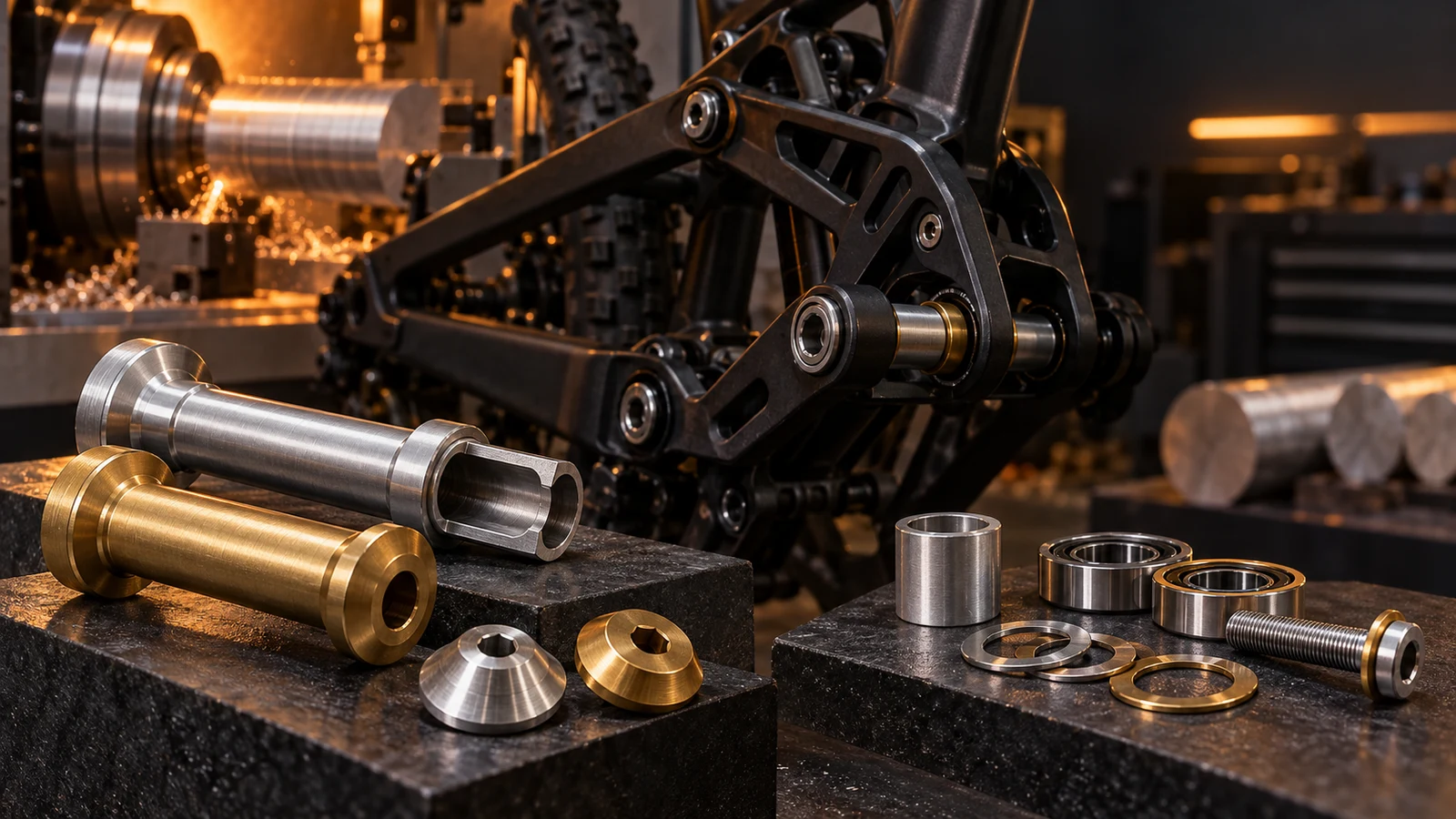 Concept illustration of aluminum pivot axles, caps, spacer and bearing components beside a bicycle linkage and CNC turning context; color does not identify alloy.