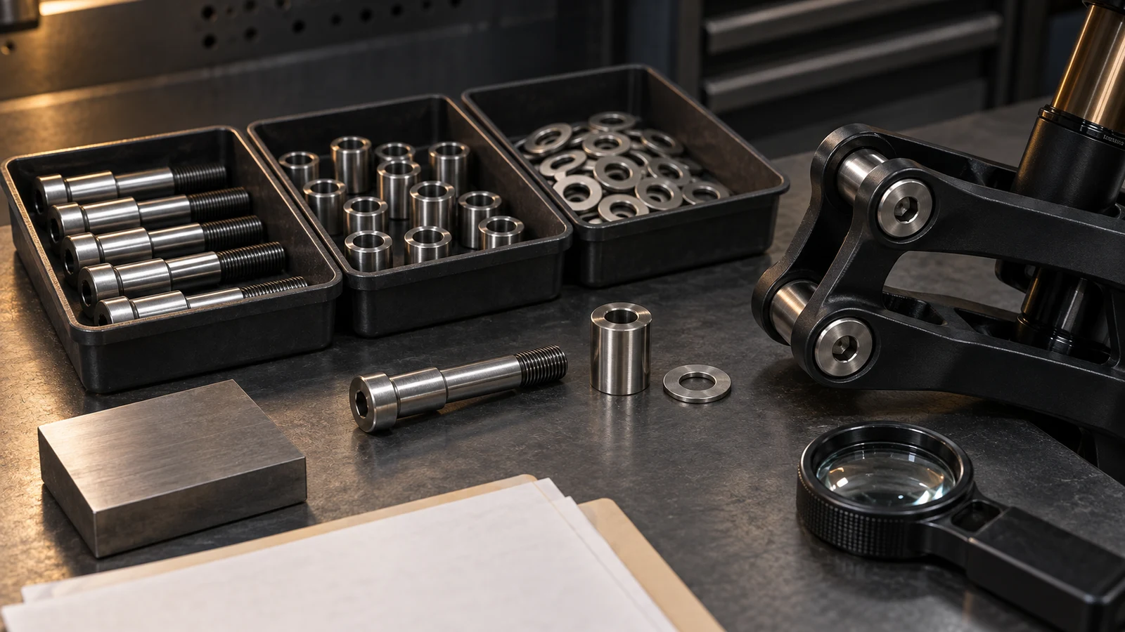 Concept illustration of separate stainless pivot bolt trays, unmarked documentation sheets and loose sleeves for an incoming-material review.