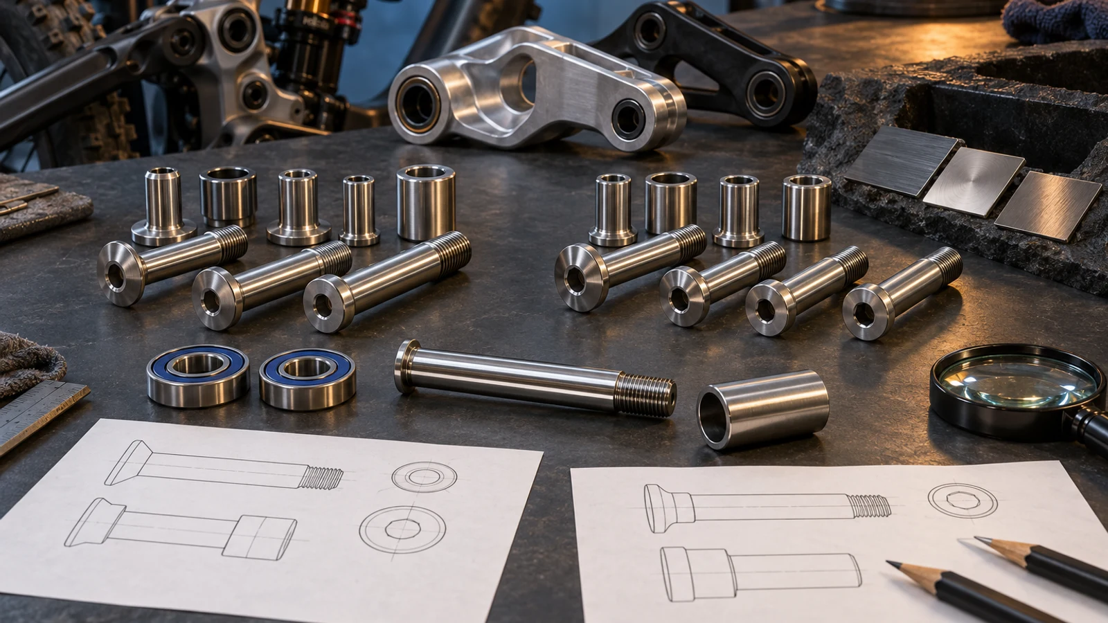 Concept two stainless pivot-part groups with bearing sleeves and an aluminum receiver beside comparison sheets, not tested A2/A4 specimens or an approved material upgrade.