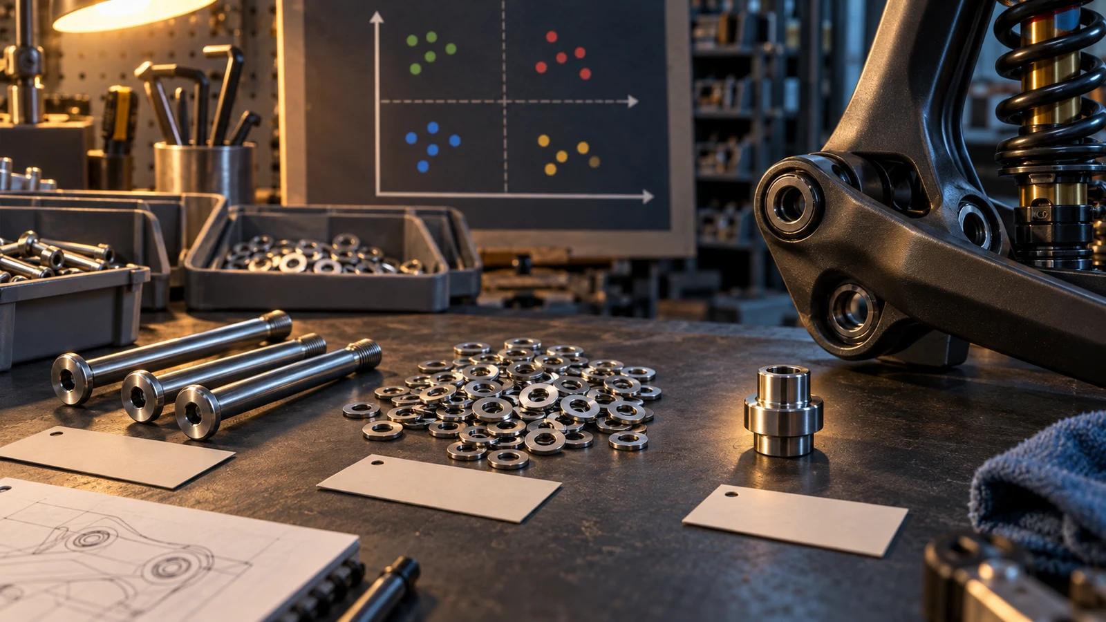 Concept pivot bolts, washers and a distinctive sleeve beside an abstract value-criticality quadrant board; not actual inventory rankings, prices or a validated customer assembly.