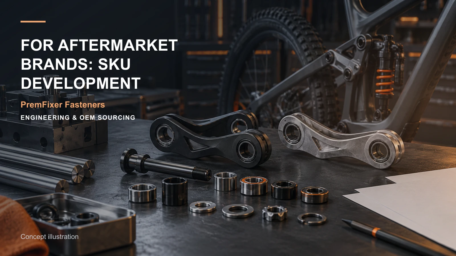 Editorial concept for aftermarket hardware SKU roadmap with cards for sku release map, reconstructed drawing decision record, private-label scope table.
