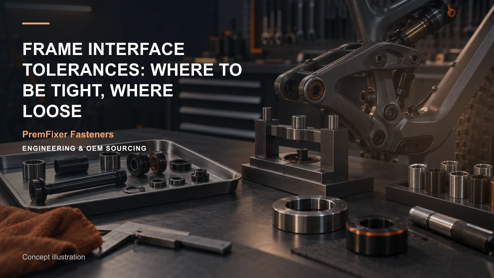 Editorial concept for allocating tolerances at frame interfaces with cards for tolerance allocation map, feature-to-inspection map, fit-selection worksheet.