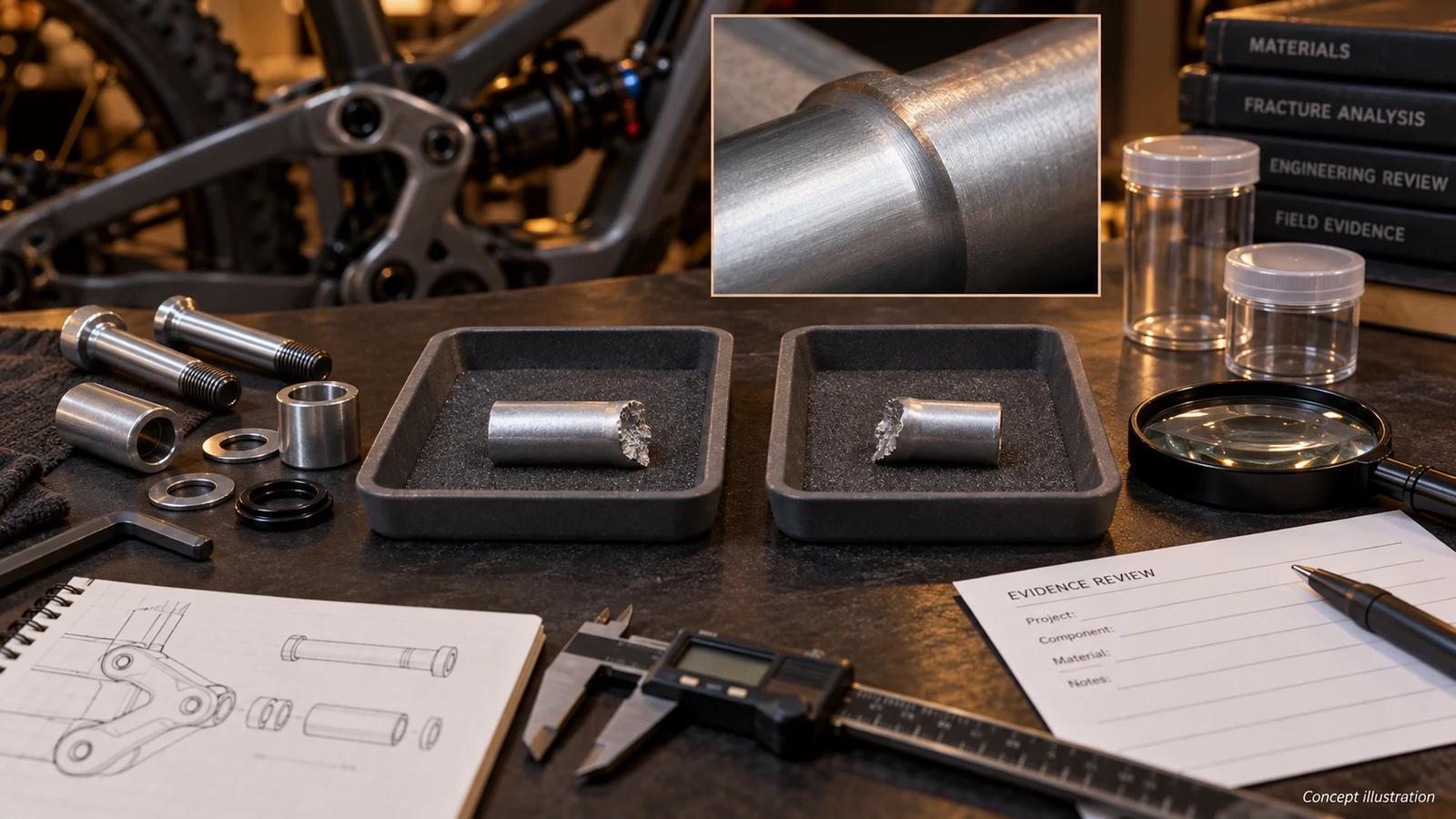 Concept evidence-review scene with example aluminum fragments and pivot components; not an actual failed PremFixer part, fracture diagnosis or laboratory test