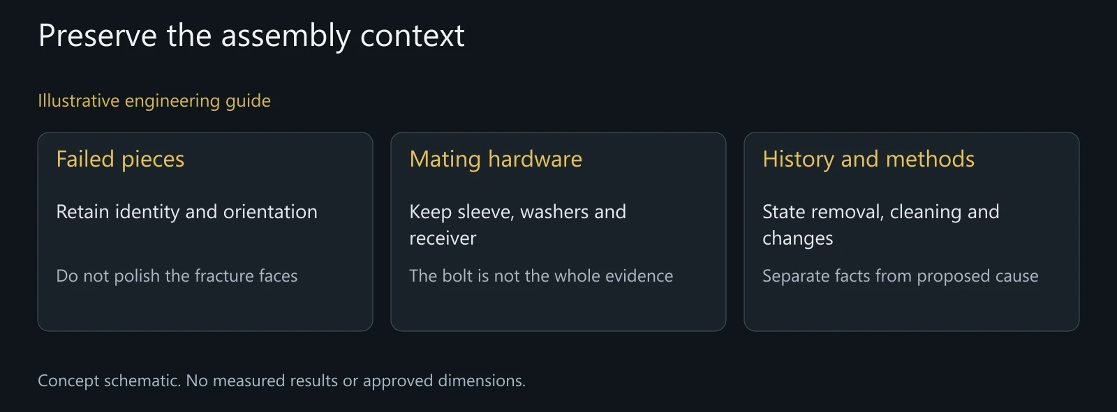 Illustrative evidence-preservation inputs. Actual removal, laboratory preparation and return-to-use decisions require the appropriate responsible authority.