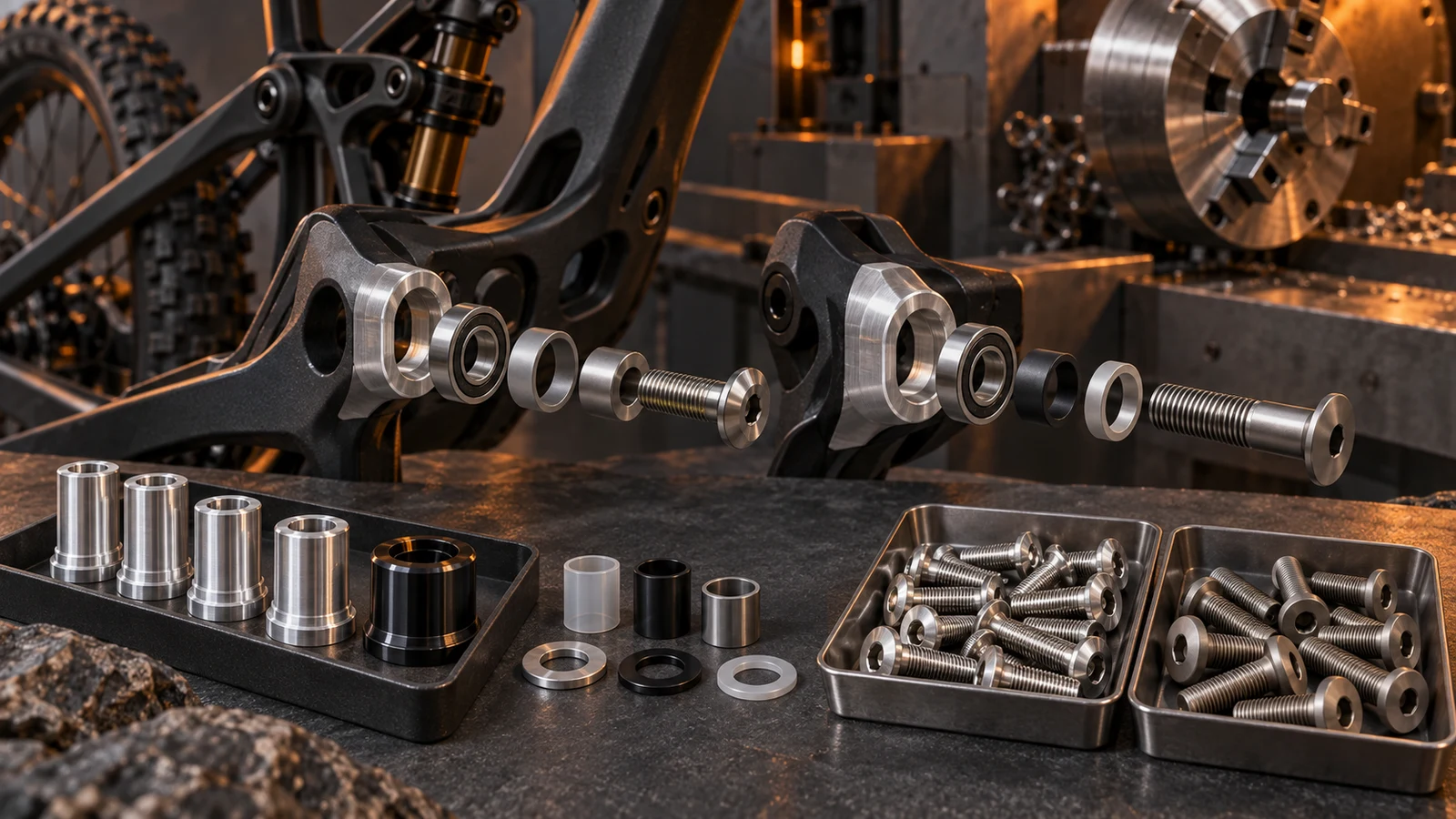 Concept illustration of aluminum receiving components with separate screws, sleeves and bearing contacts in two linkage arrangements; not a galvanic test or approved isolation design.