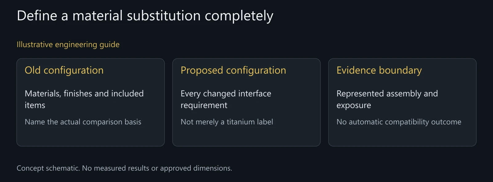 Illustrative stainless-to-titanium proposal with the aluminum receiver retained; no approved substitution or exposure result is assumed.