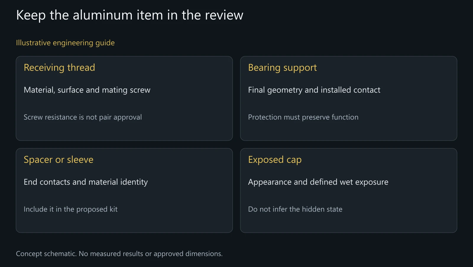 Conceptual item-level protection map for aluminum pivot hardware; no observed corrosion or service-life result is shown.