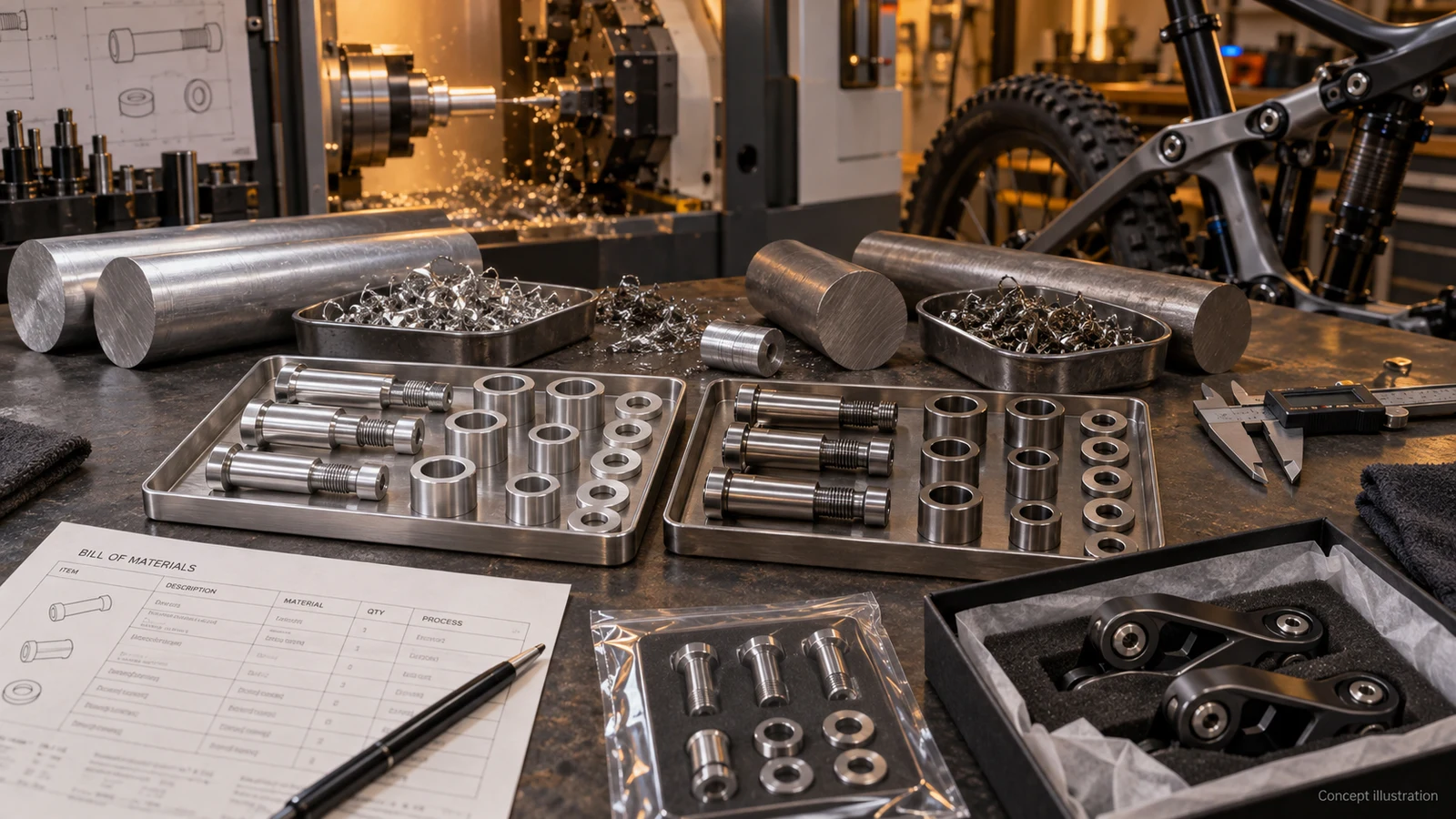 Concept rendering of material blanks, example aluminum and titanium-toned pivot components and packaged matched hardware; not a real quotation, factory photograph or stock kit