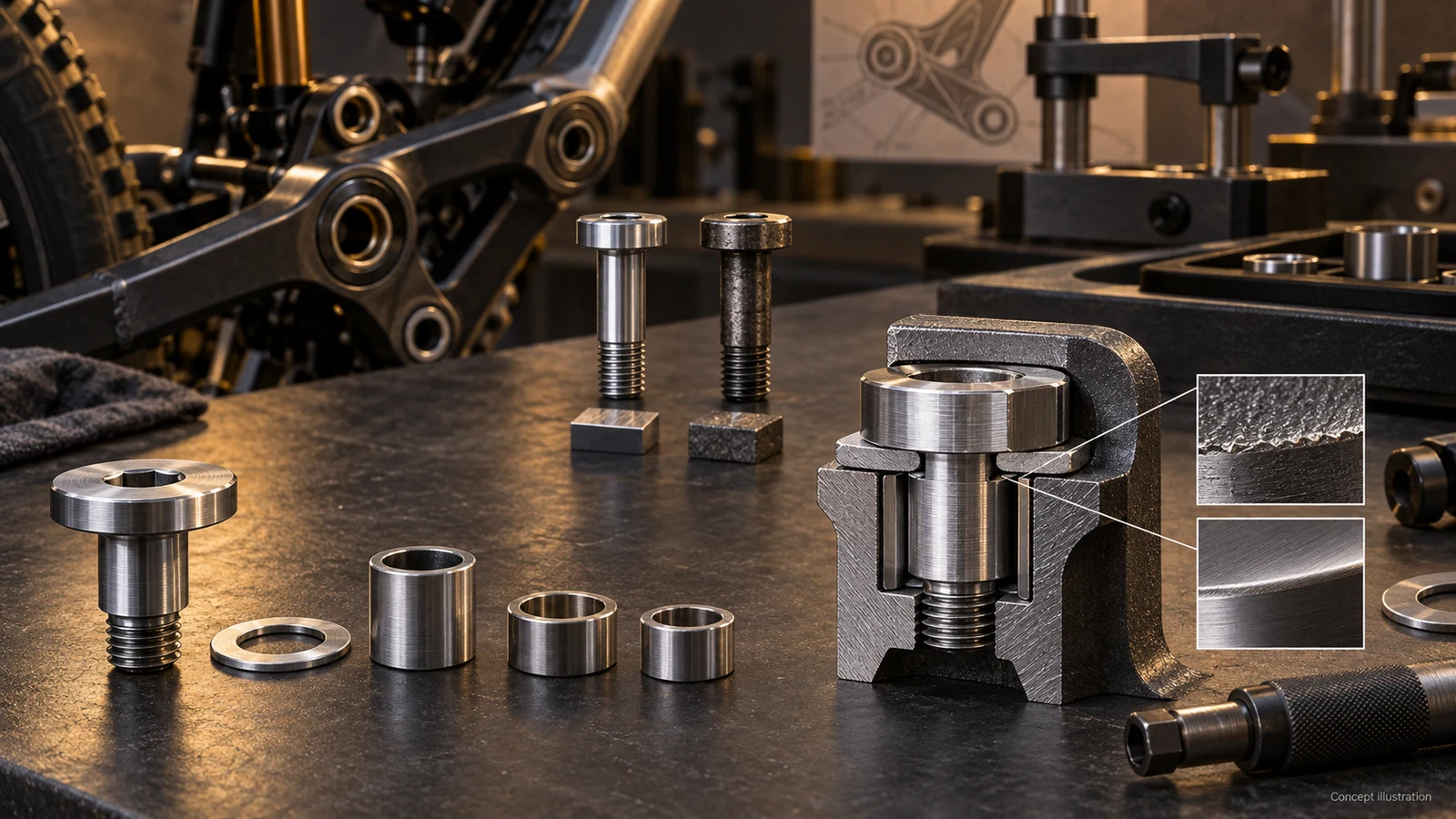 Concept illustration of a pivot bolt, bearing sleeve, spacer stack and enlarged contact model for preload review; not a real test, damage record or tightening instruction