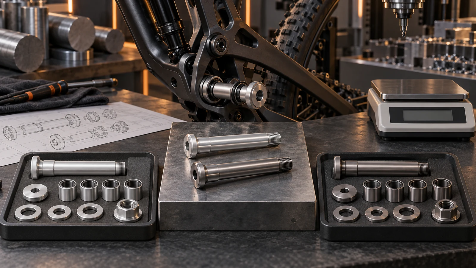 Concept illustration of paired pivot axles and complete hardware trays beside a bicycle linkage and blank-display scale; no actual weight measurement is shown.