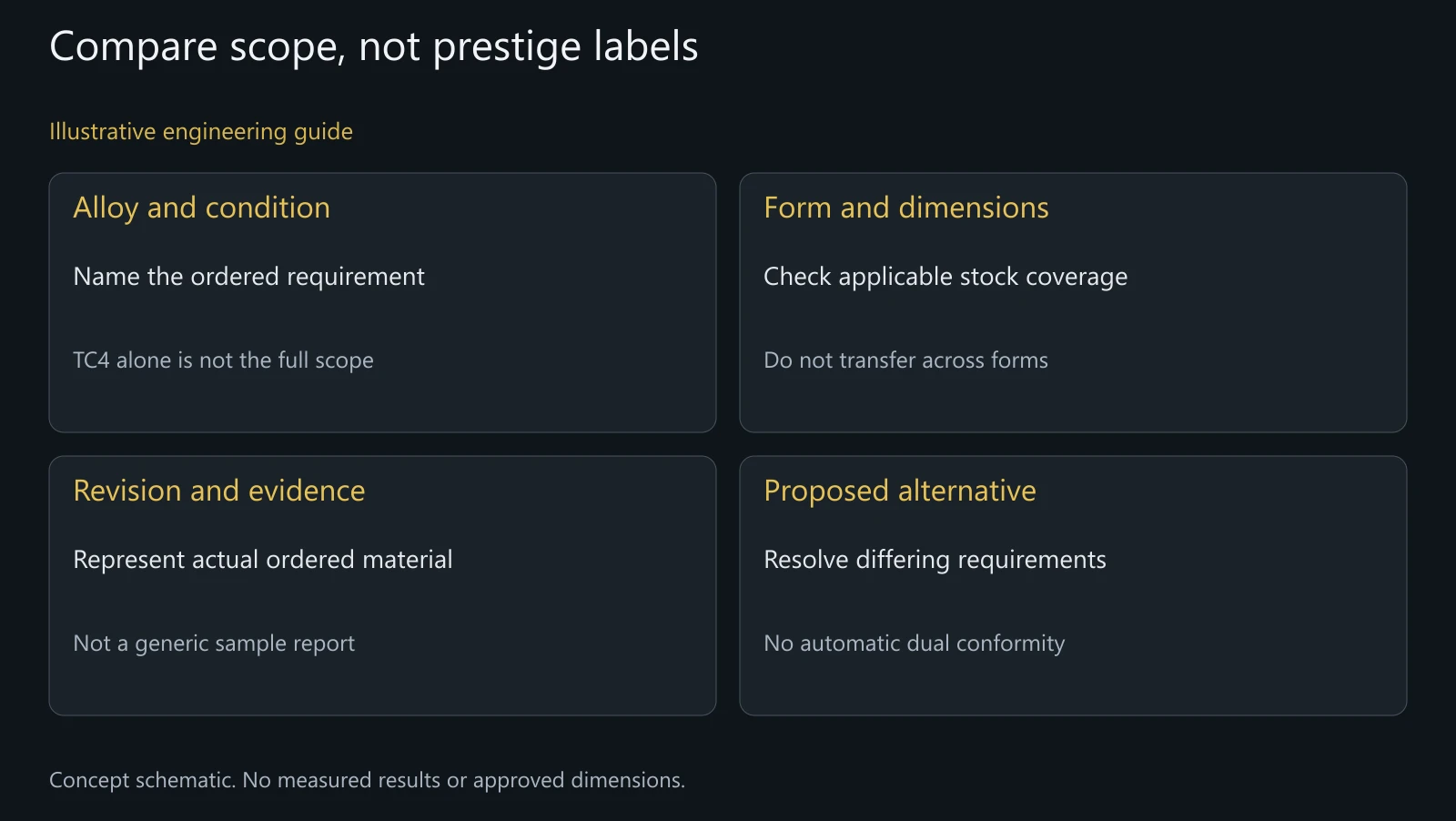 Concept material-specification comparison. No purchased standard text, certified stock, test result or substitution approval is shown.
