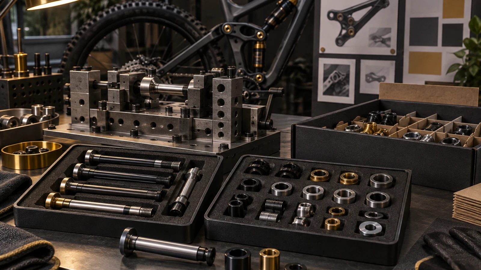 Concept pivot kits, a modular axle fixture and protective packing workstation illustrating alternative improvement projects without actual results or factory evidence.