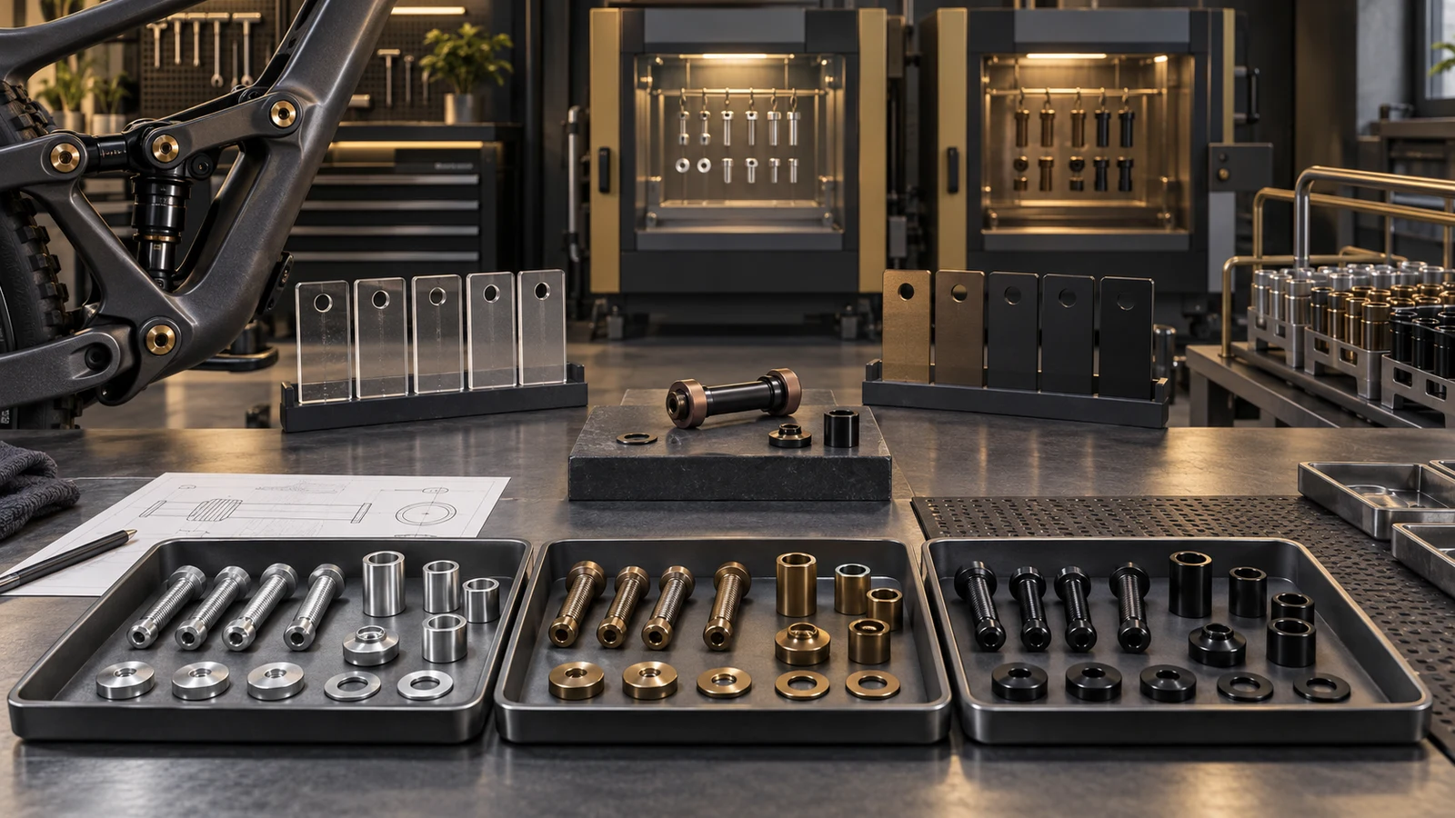 Concept illustration of anodized pivot bolts, end caps, sleeves and clear or dark comparison surfaces with enclosed finishing context; no seal chemistry, corrosion test or proven lifetime is shown.