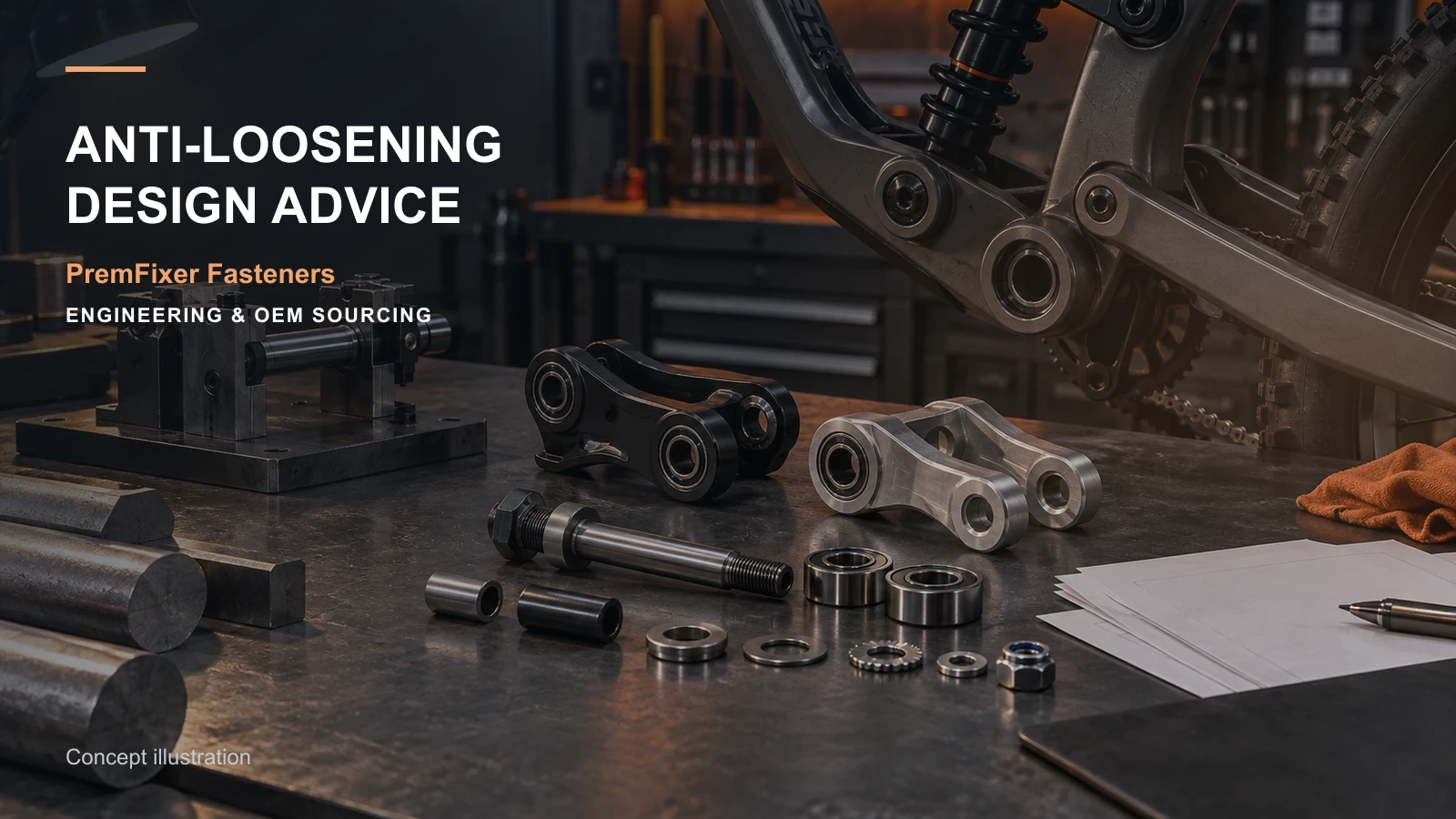Editorial concept for anti-loosening design choices with cards for locking-method specification, clamp-and-adjustment distinction, washer function table.