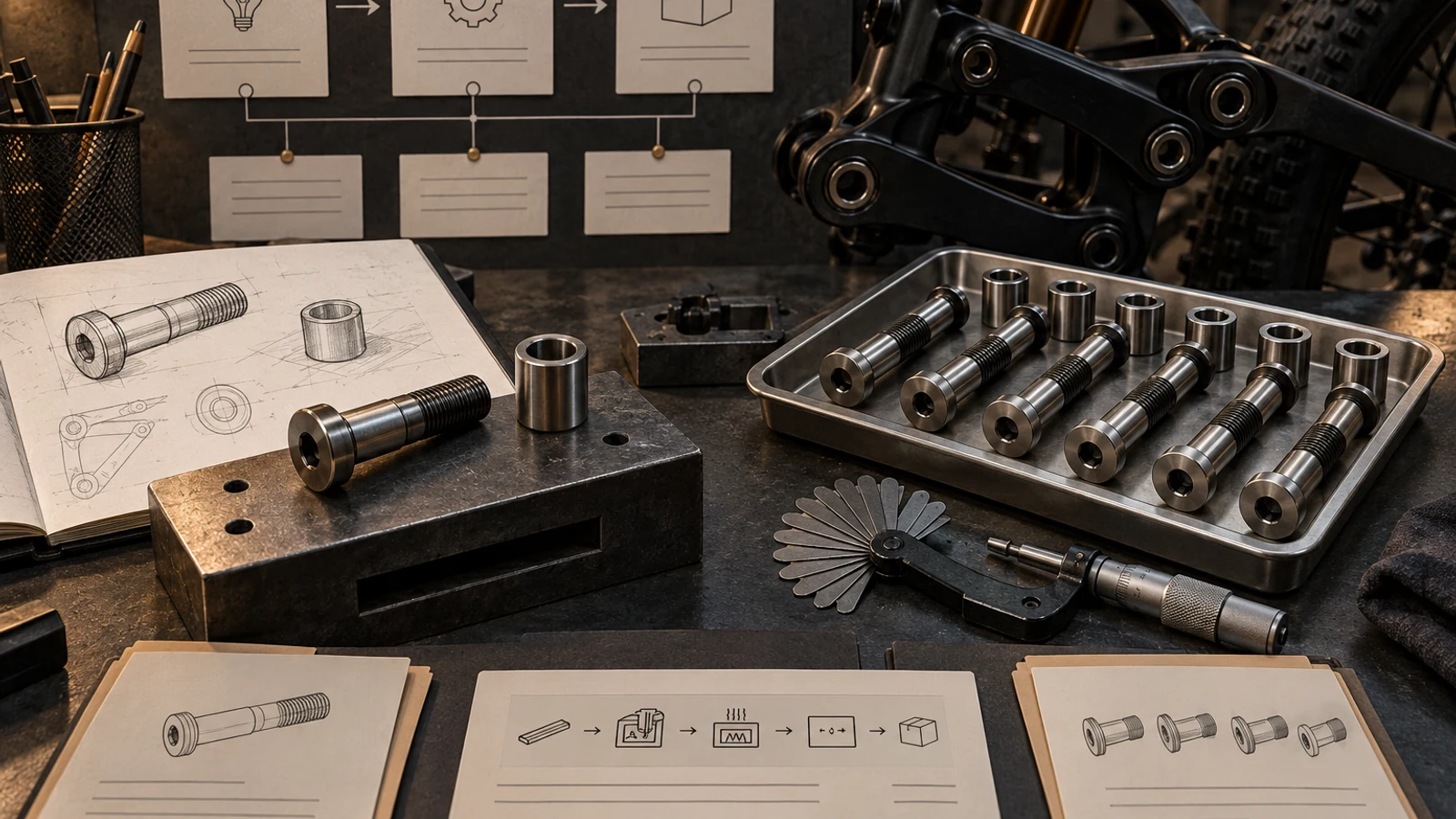 Concept planning bench with a prototype pivot, production tray, linkage, measurement tools and illustrated document props; not an approved PPAP submission or factory test record.
