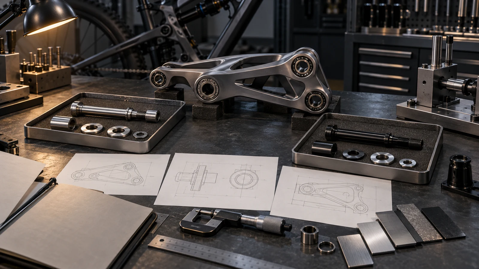 Concept engineering bench comparing reference and proposed pivot hardware groups with drawing sheets, finish samples and inspection tools, not an actual first article report or approved change.